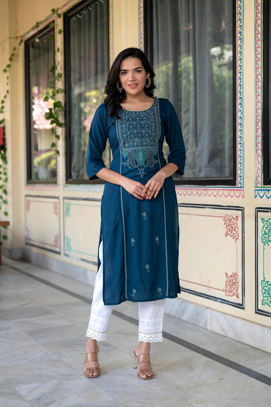 Juniper Blue Viscose Geometric Printed Kurta with Ethnic Motifs & Thread Work | Grab2Buy