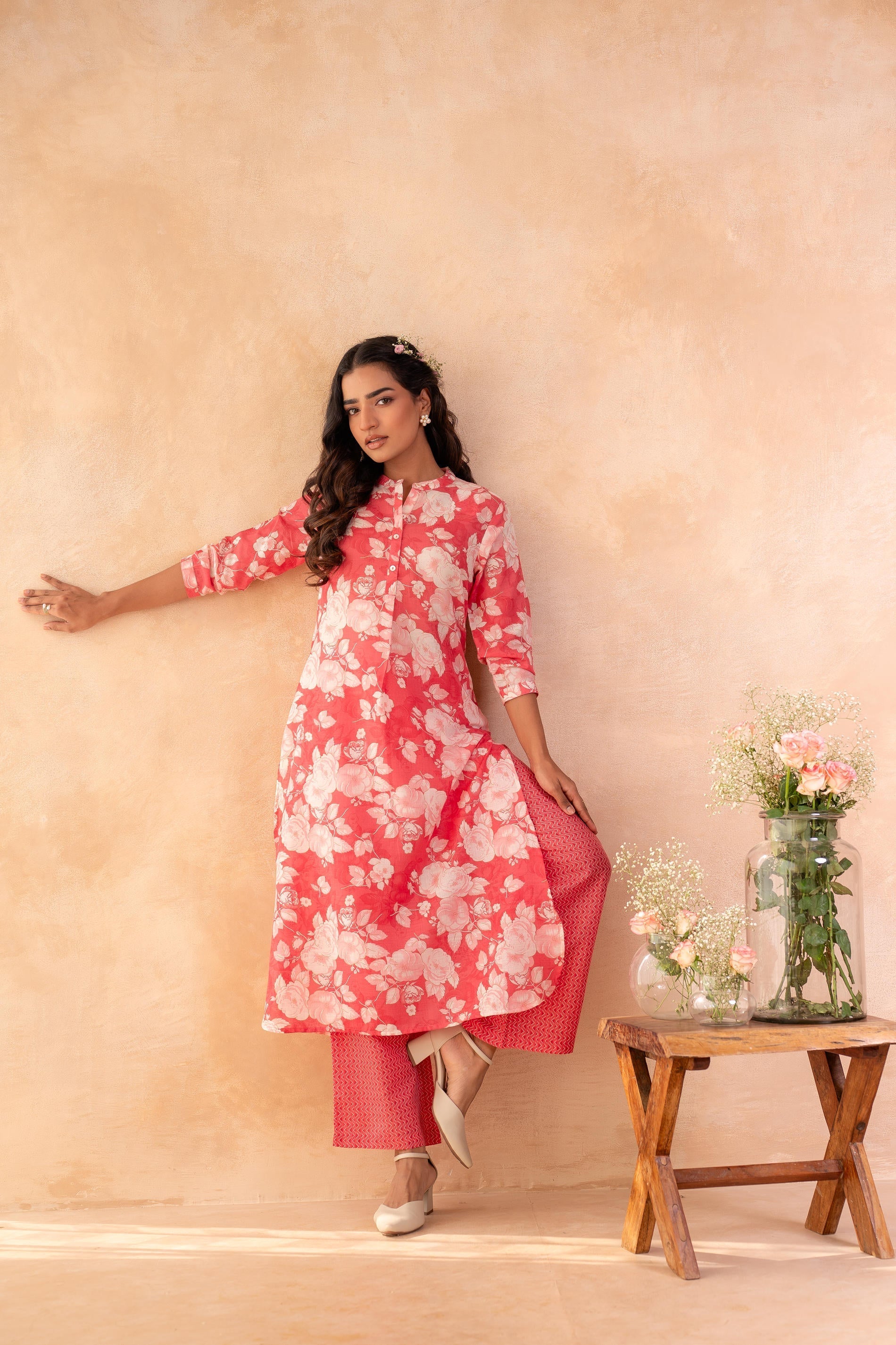 Juniper Red Bloom Floral Kurta And Pant Set