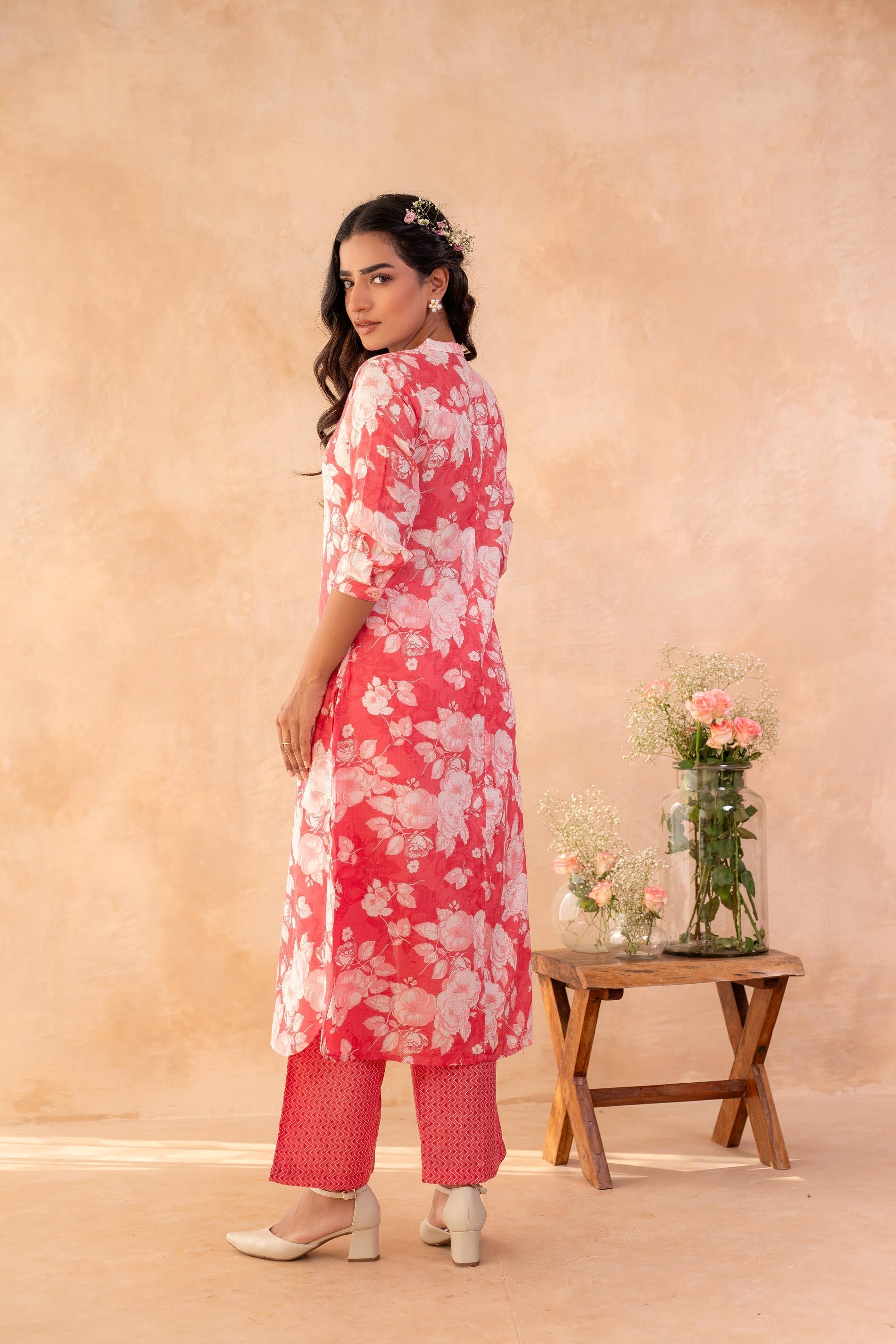 Juniper Red Bloom Floral Kurta And Pant Set