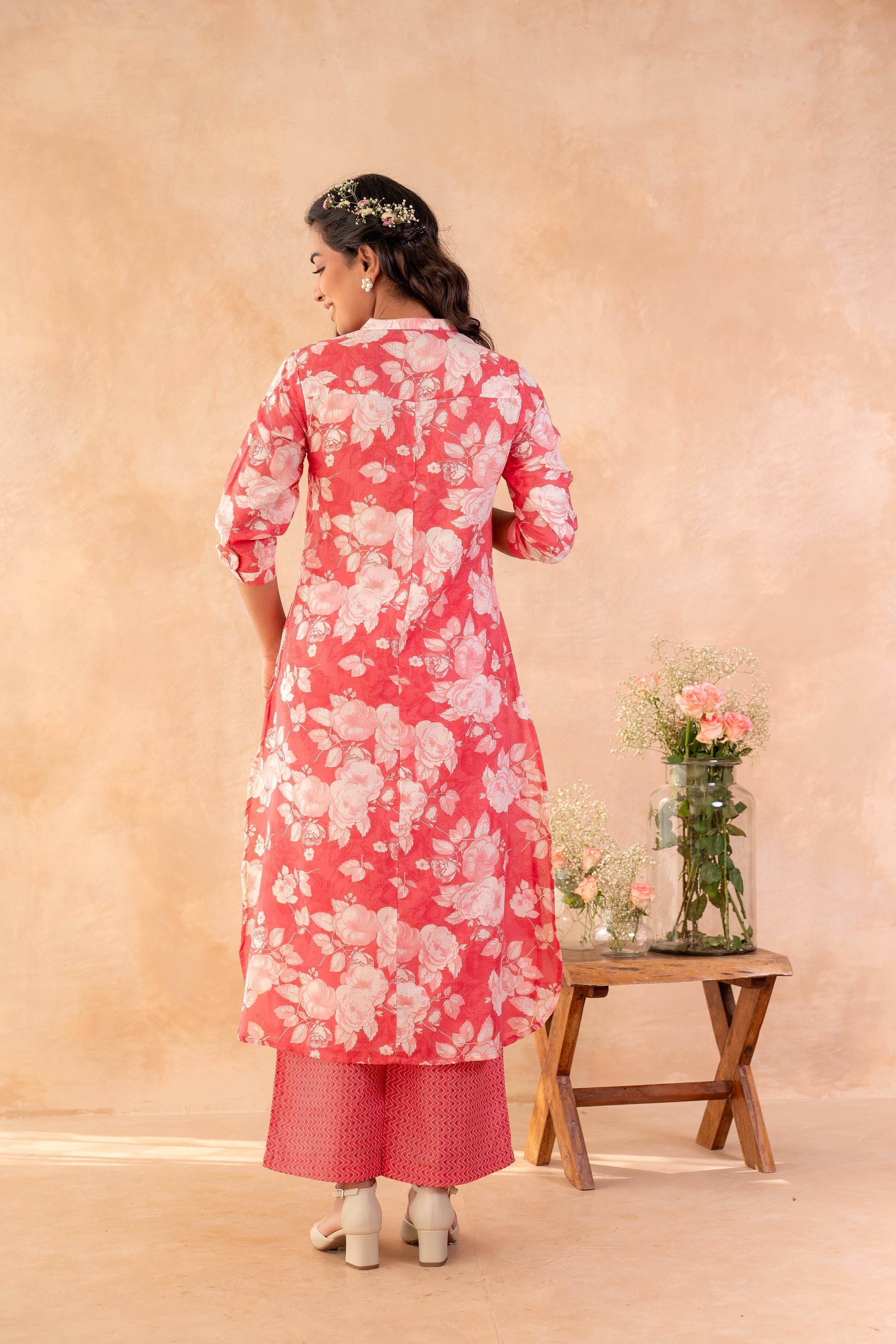Juniper Red Bloom Floral Kurta And Pant Set