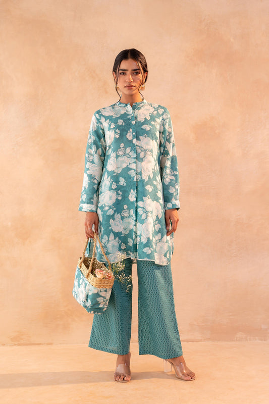 Juniper Teal Garden Bloom Kurta And Pant Set