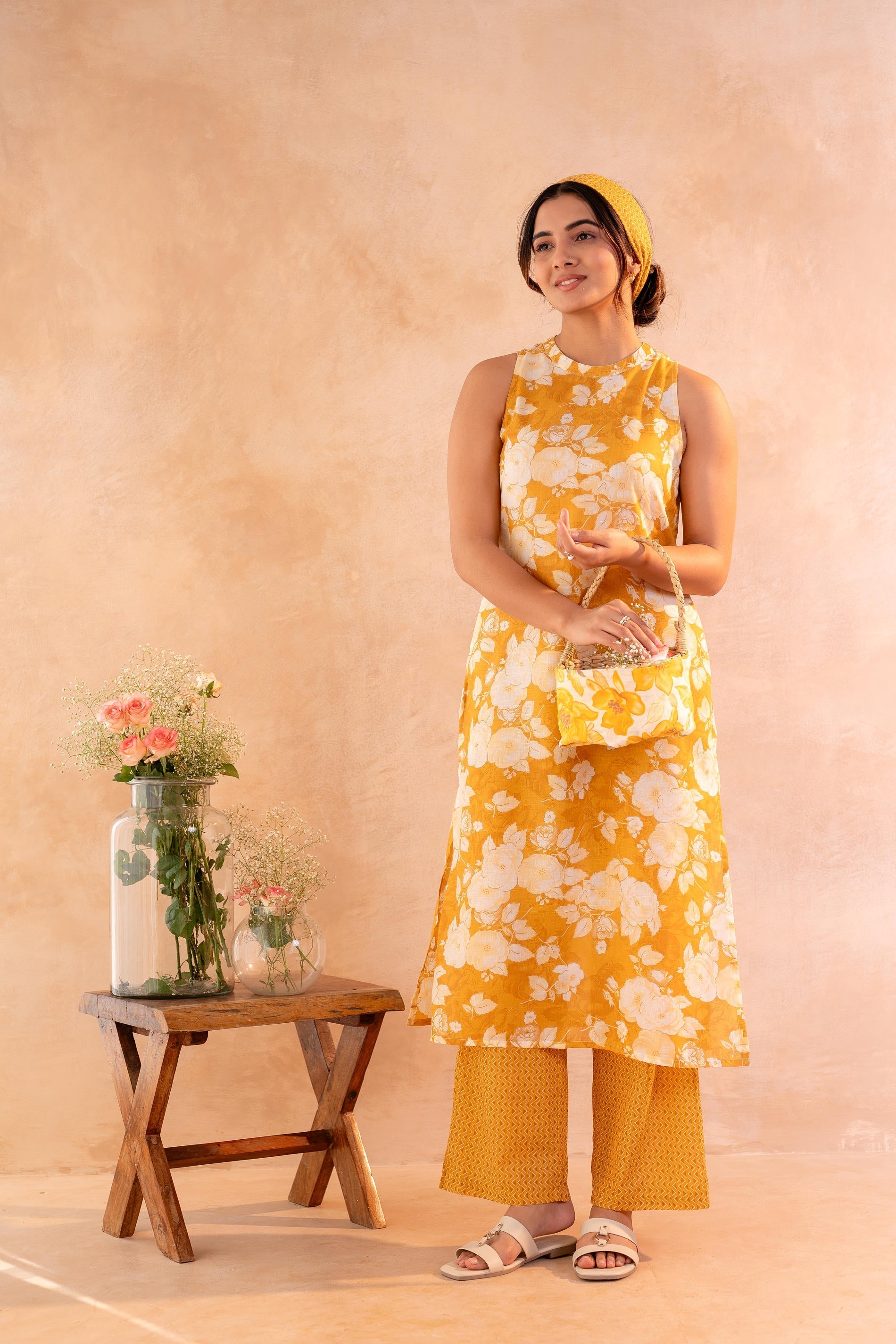 Juniper Sunlit Bloom Mustard Kurta And Pant Set