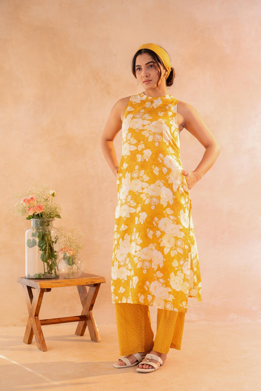 Juniper Sunlit Bloom Mustard Kurta And Pant Set