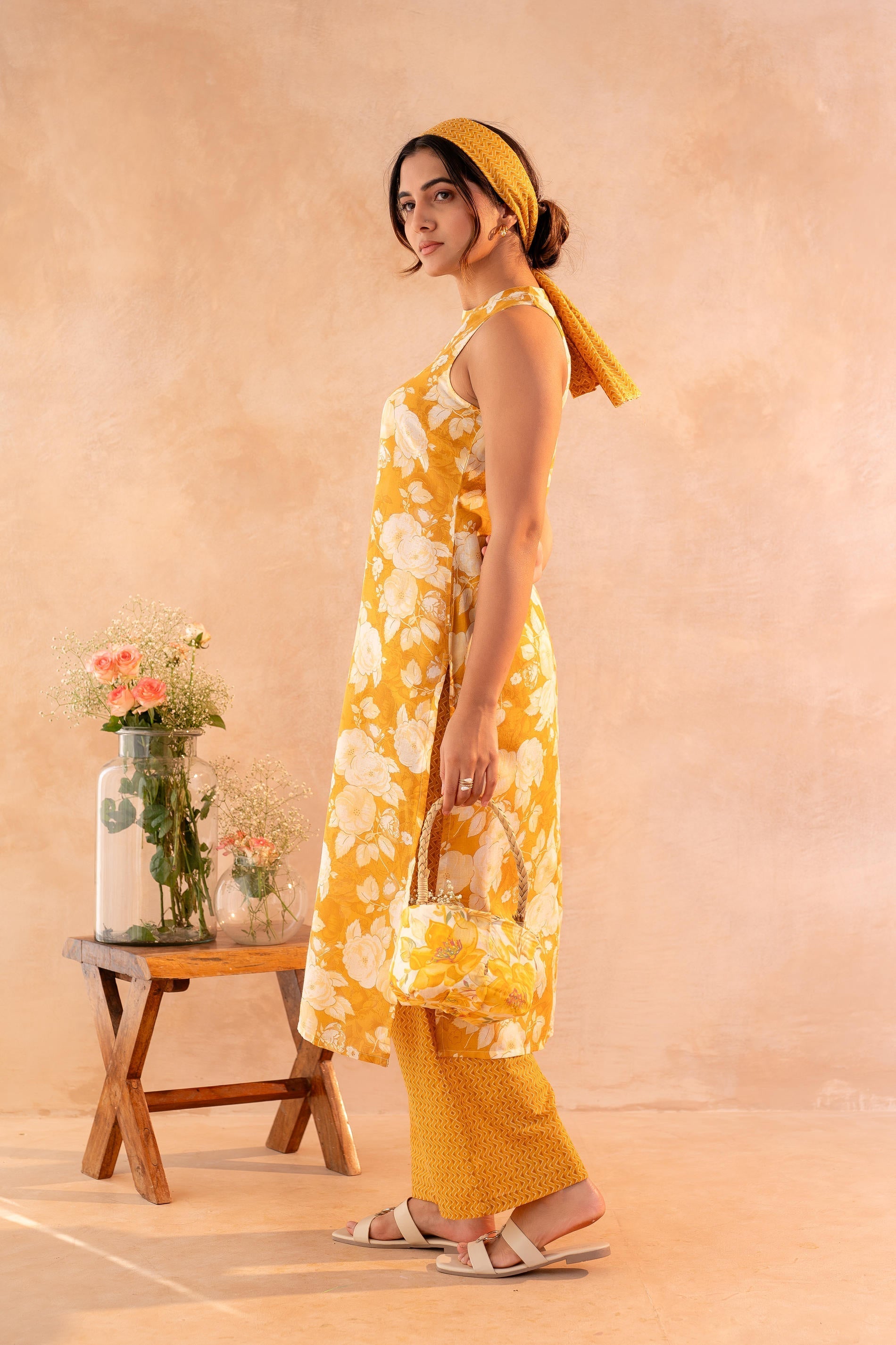 Juniper Sunlit Bloom Mustard Kurta And Pant Set