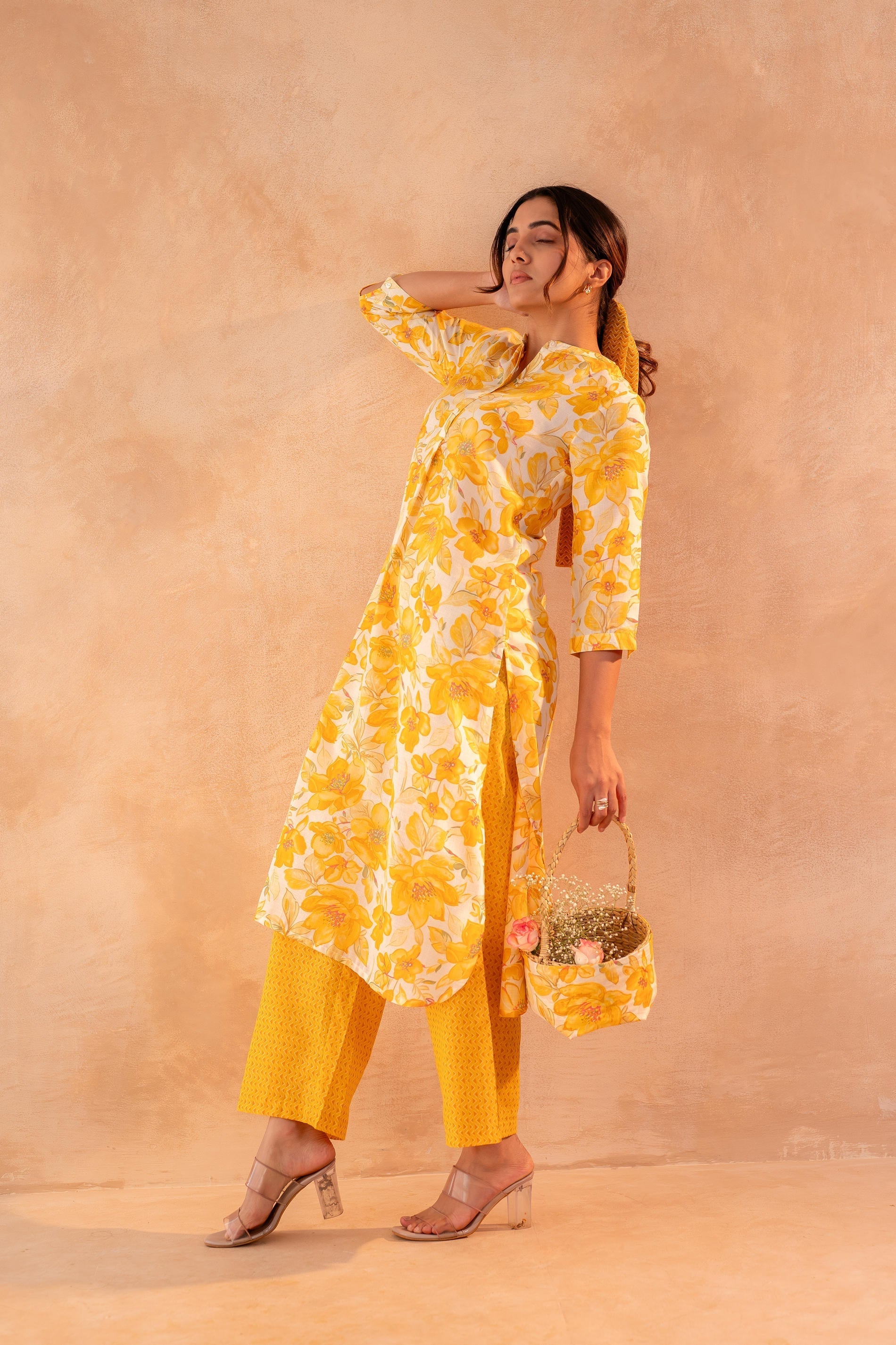 Juniper Golden Petal Daywear Kurta And Pant Set