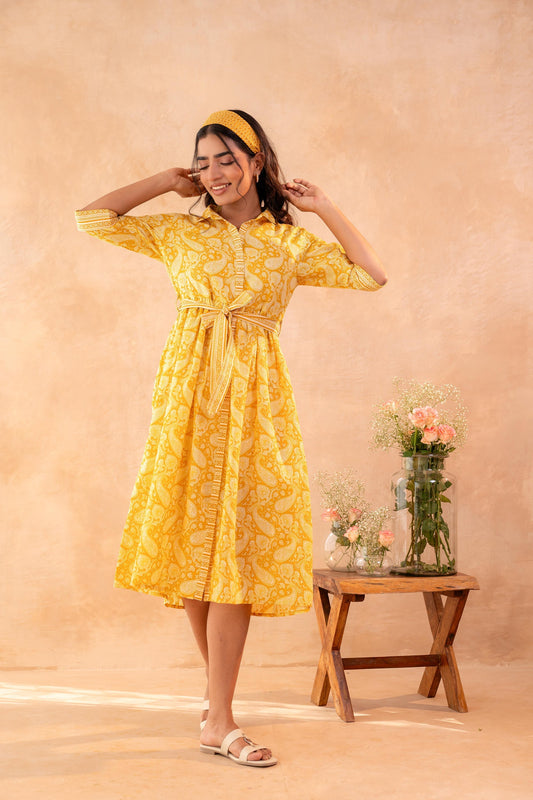 Juniper Haldi Haze Printed Gathered Dress