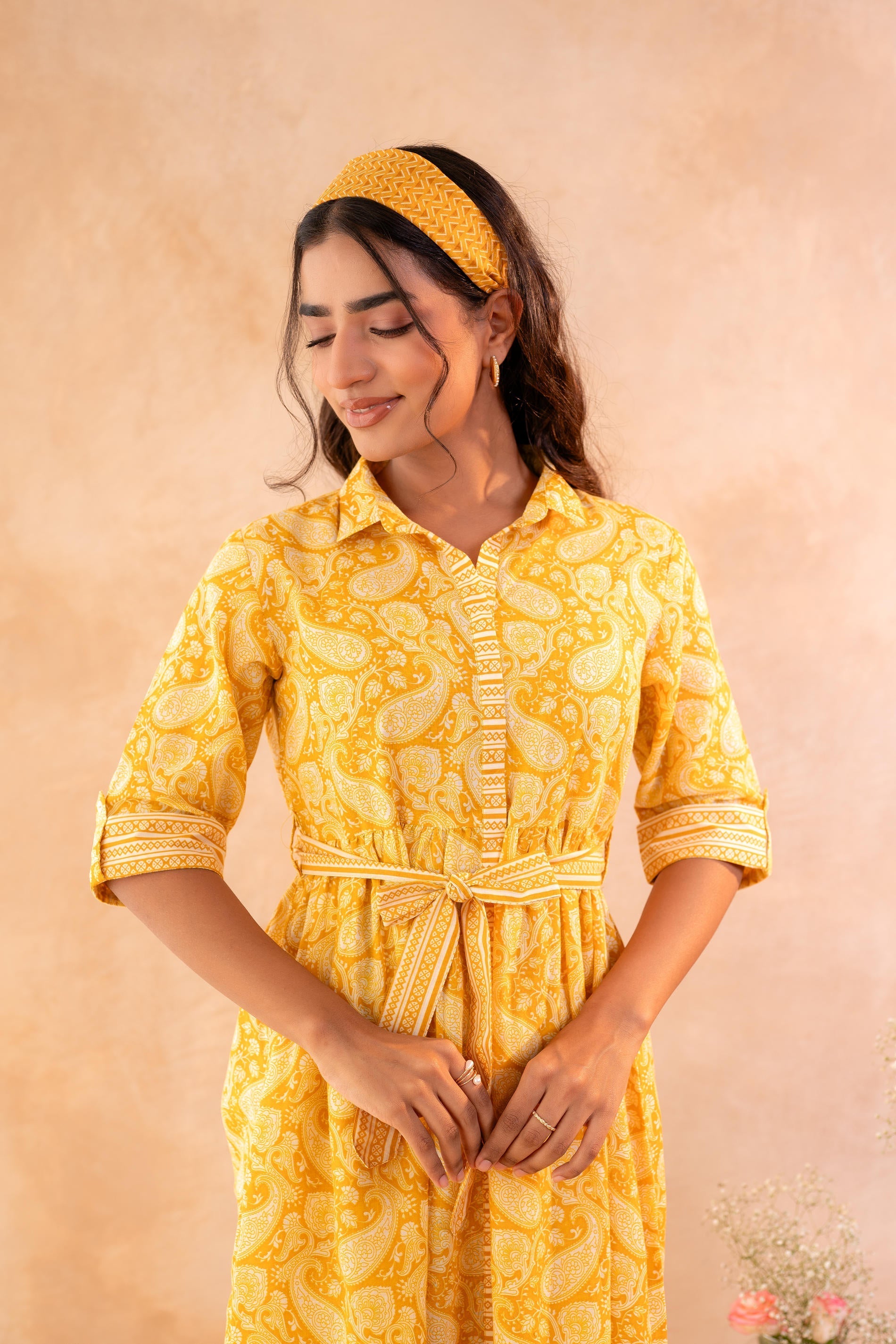 Juniper Haldi Haze Printed Gathered Dress