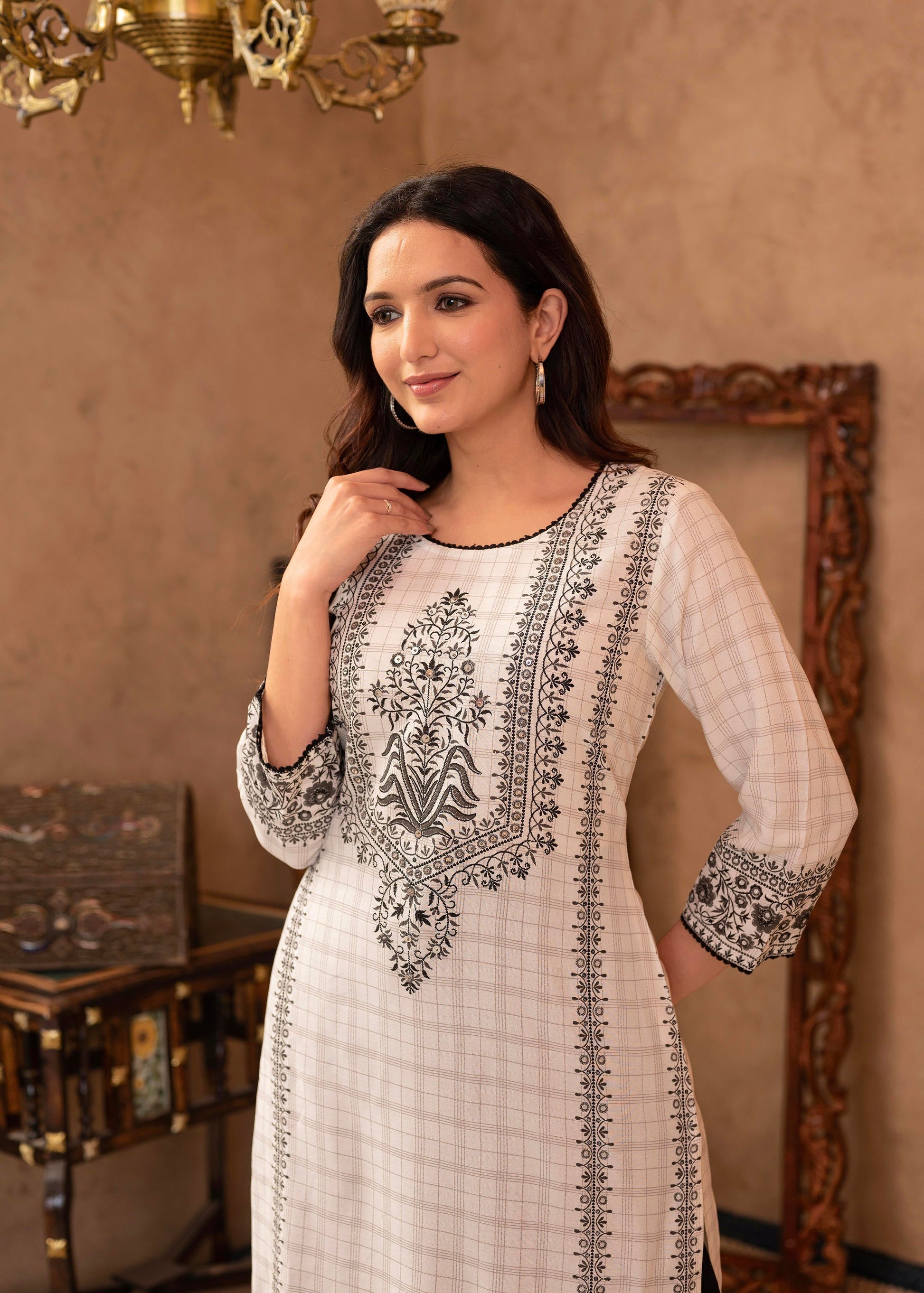 Juniper Black & White Ethnic Motif Printed Viscose Kurta with Cotton Lace & Sequins