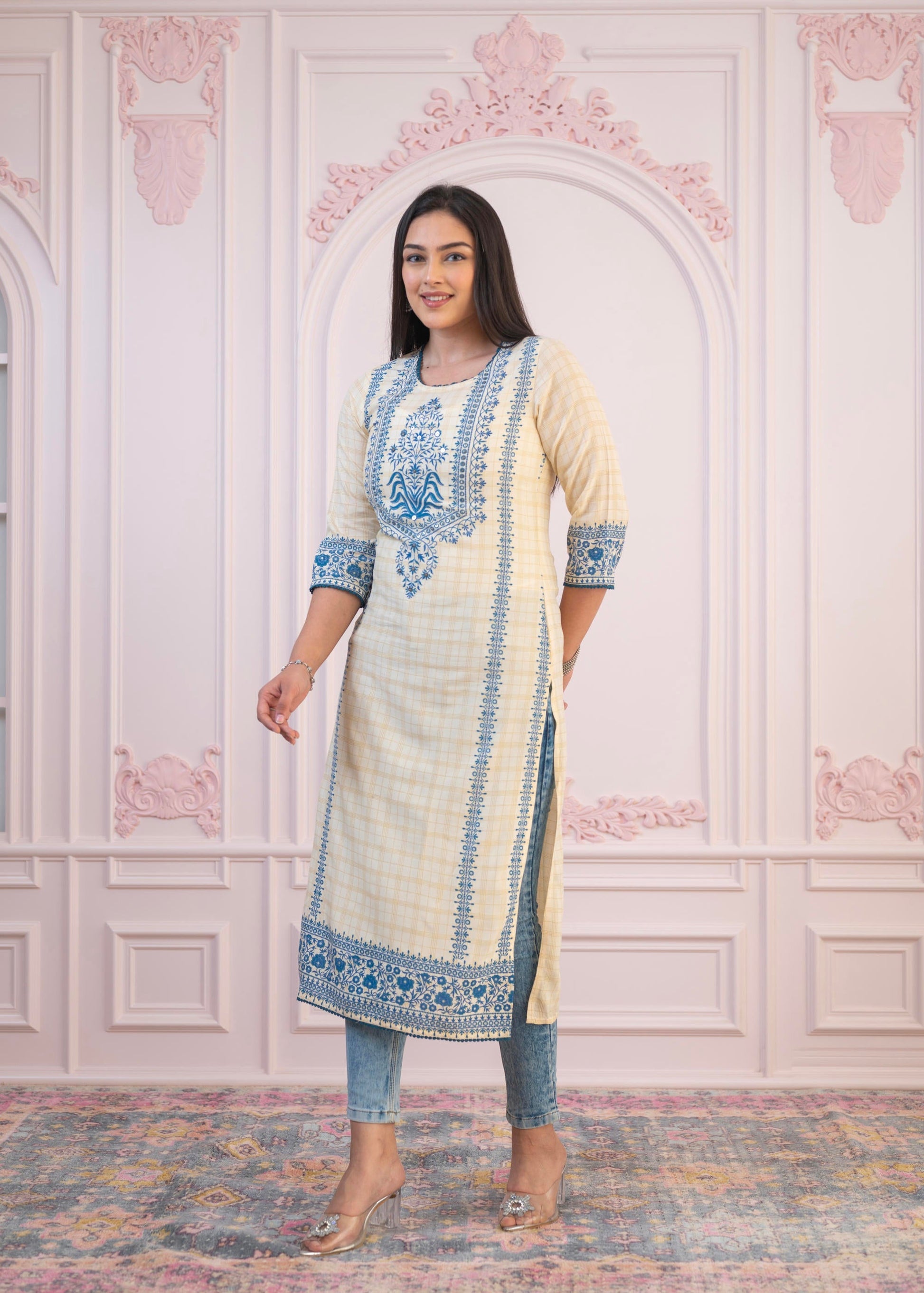 Juniper Blue Viscose Printed Kurta with Ethnic Motifs, Cotton Lace, Sequins & Bead Work