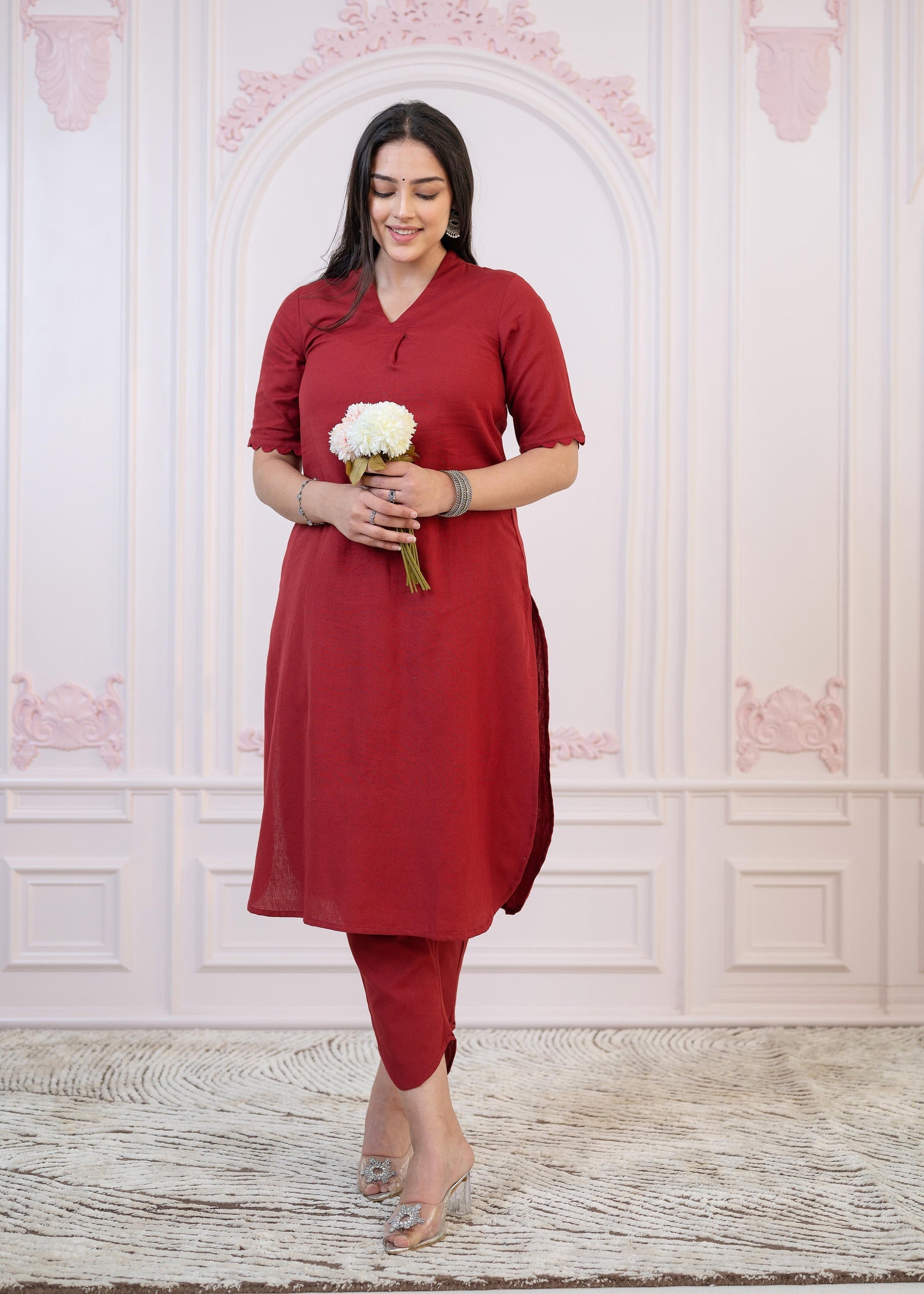 Juniper Maroon Cotton Linen Pleated Kurta-Pant Set with Cotton Lace