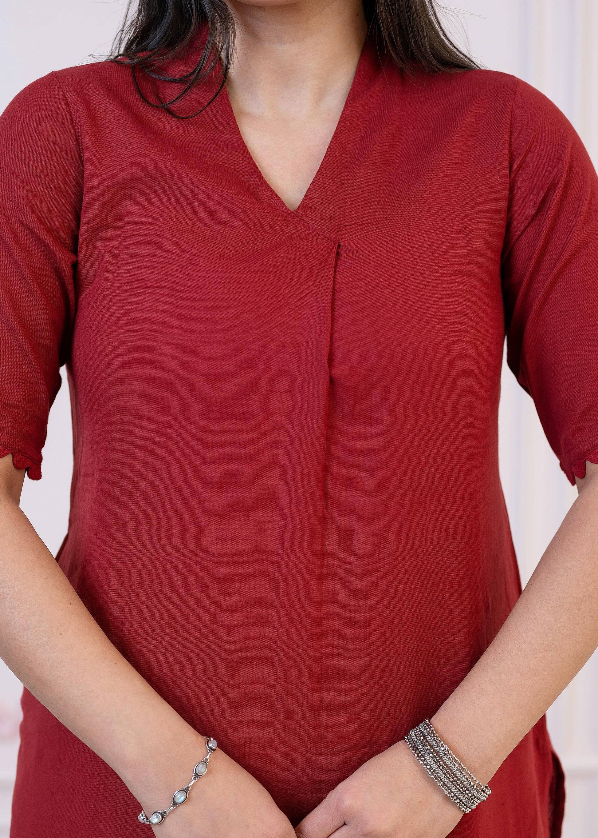 Juniper Maroon Cotton Linen Pleated Kurta-Pant Set with Cotton Lace