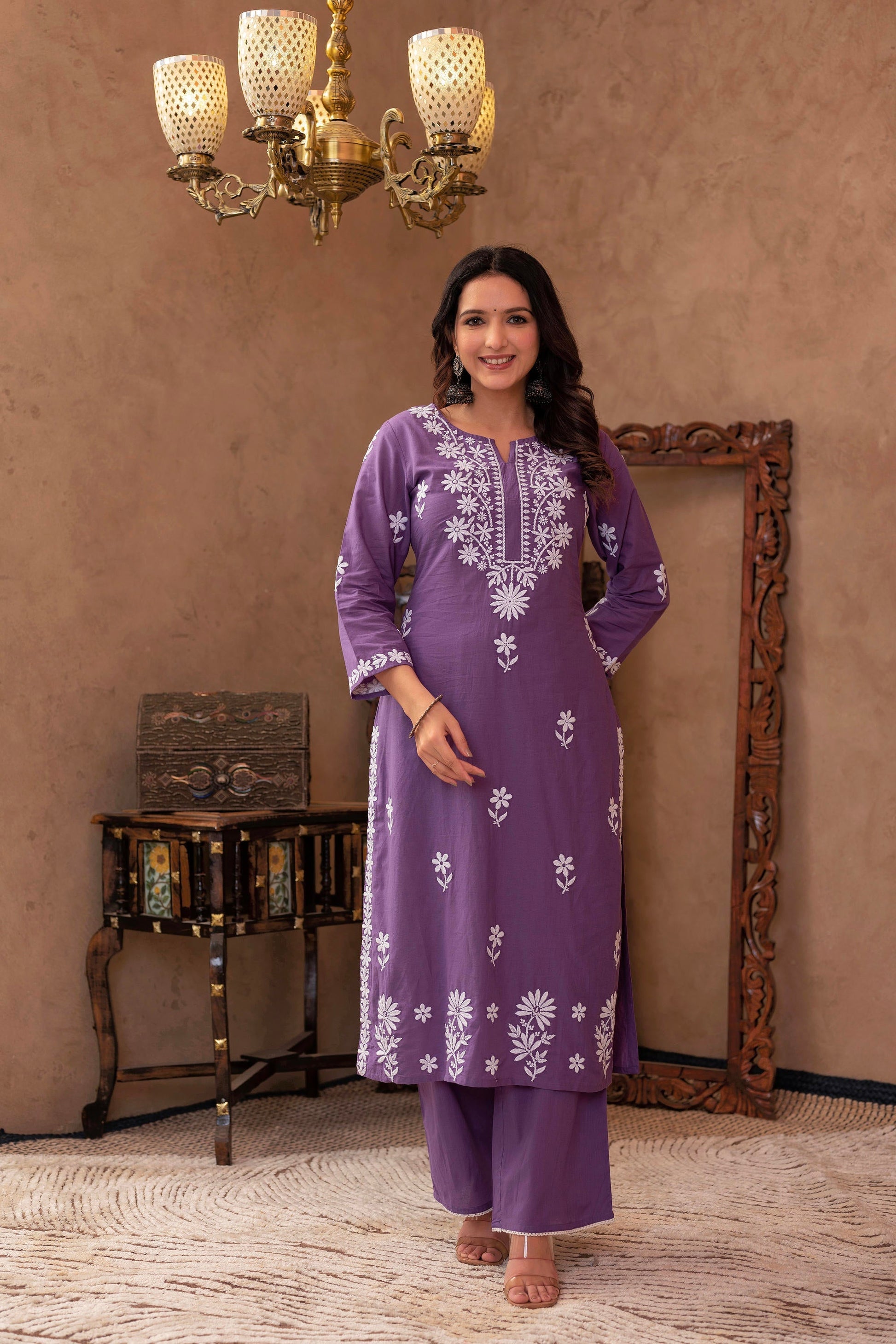Juniper Purple Embroidered Cotton Kurta with Palazzo