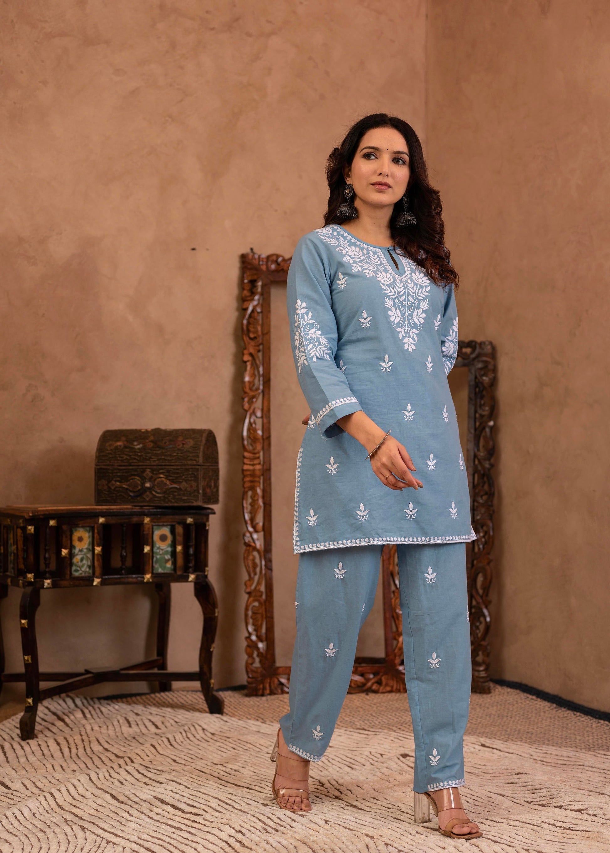 Juniper Blue Embroidered Cotton Slub Kurta With Pant & Button Details