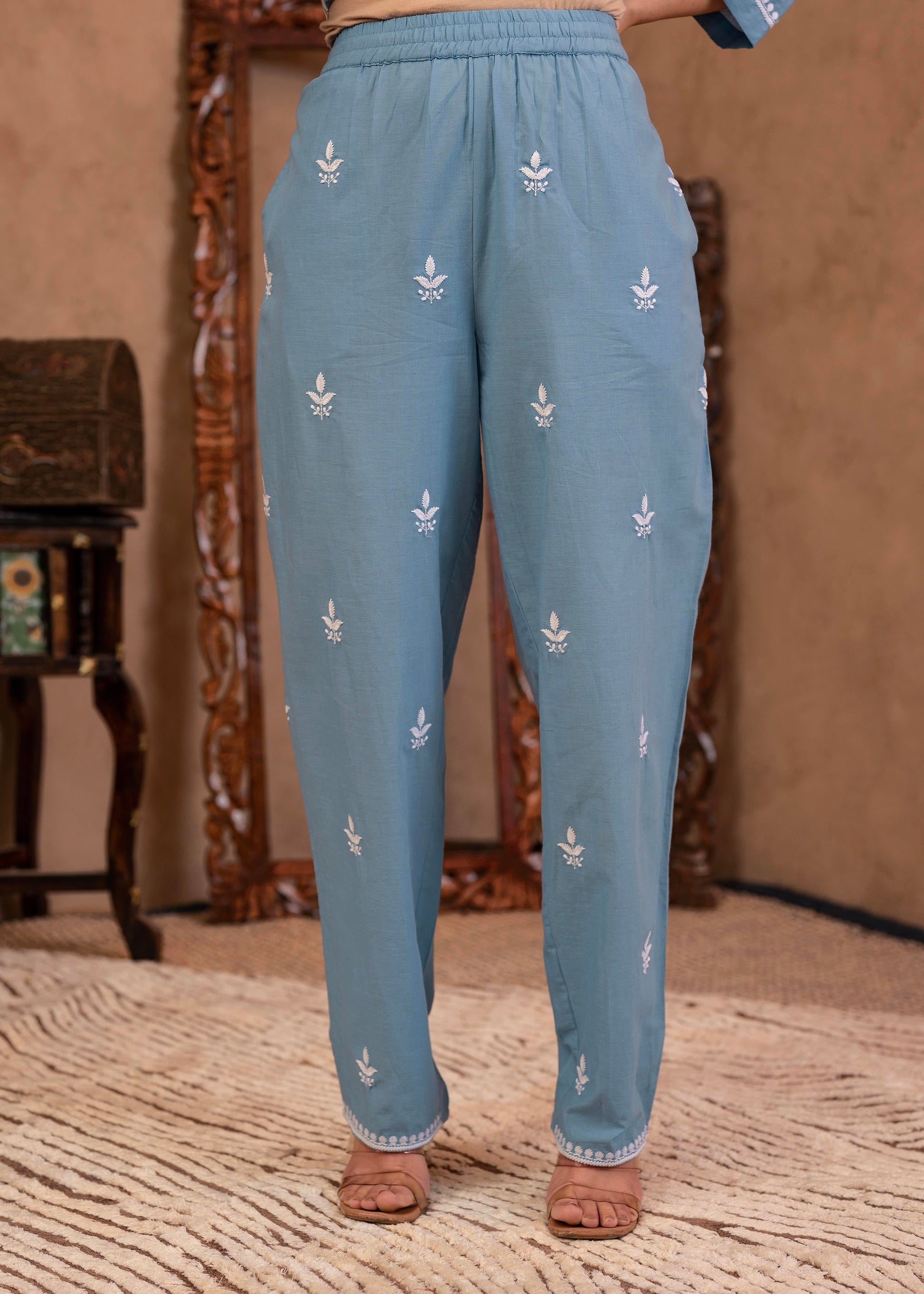 Juniper Blue Embroidered Cotton Slub Kurta with Pant & Button Details