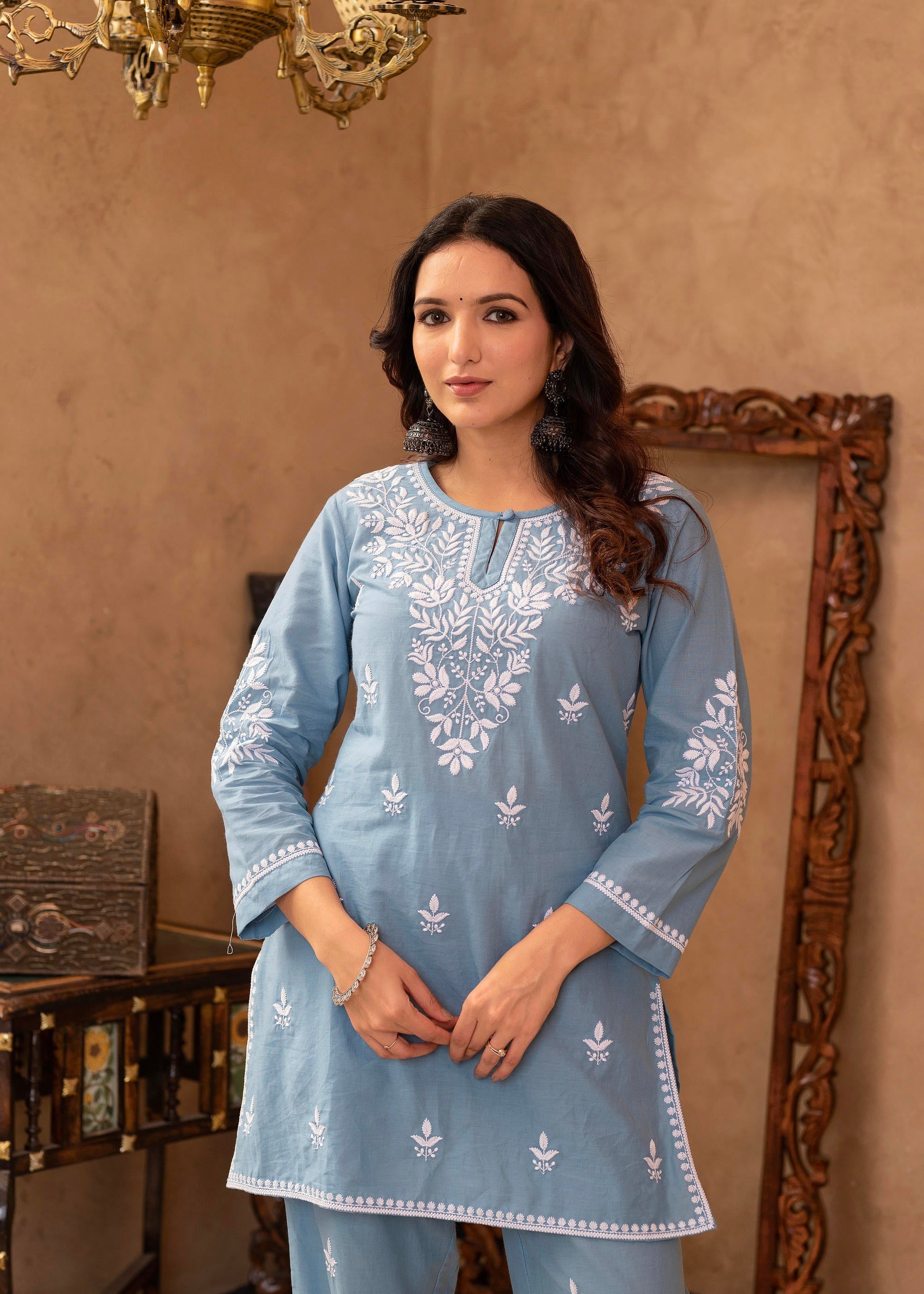 Juniper Blue Embroidered Cotton Slub Kurta with Pant & Button Details