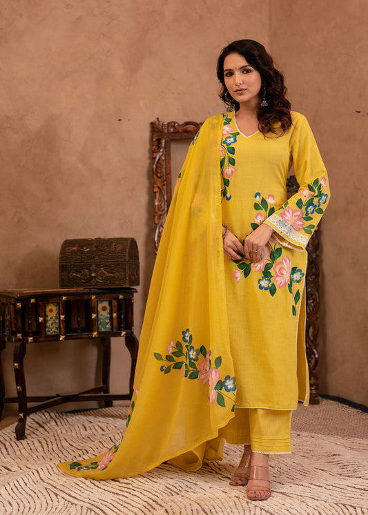 Juniper Yellow Cotton Slub Floral Printed Kurta-Pant & Dupatta Set with Lace Work