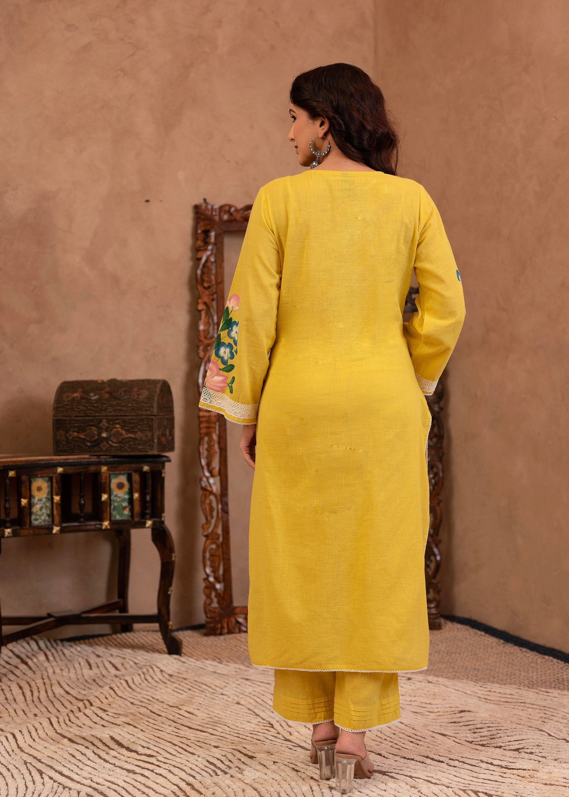 Juniper Yellow Cotton Slub Floral Printed Kurta-Pant & Dupatta Set with Lace Work
