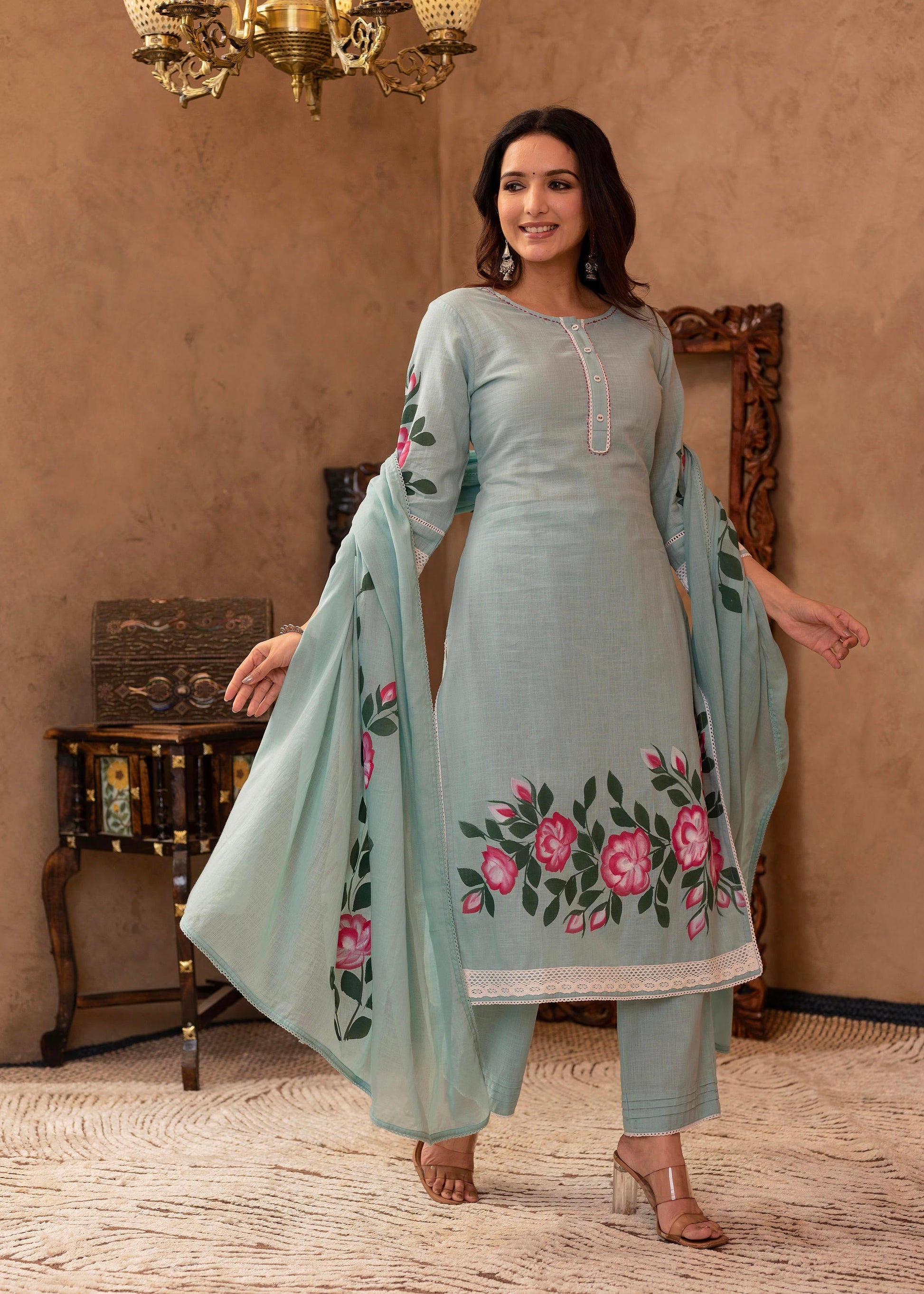 Juniper Sky Blue Cotton Slub Floral Printed Kurta-Pant & Dupatta Set with Lace, Thread Work & Button Closure