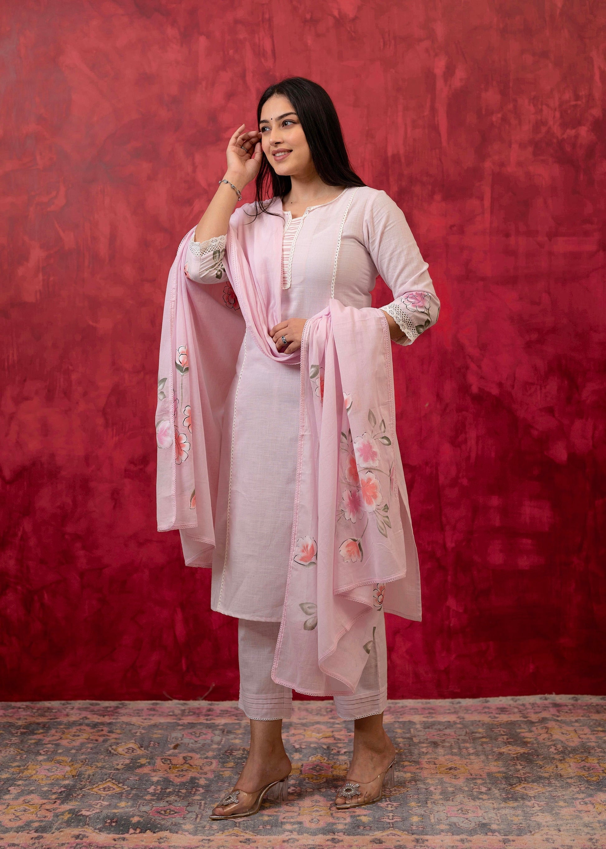 Juniper Lavender Cotton Slub Kurta-Pant Set with Lace Work & Floral Print Dupatta