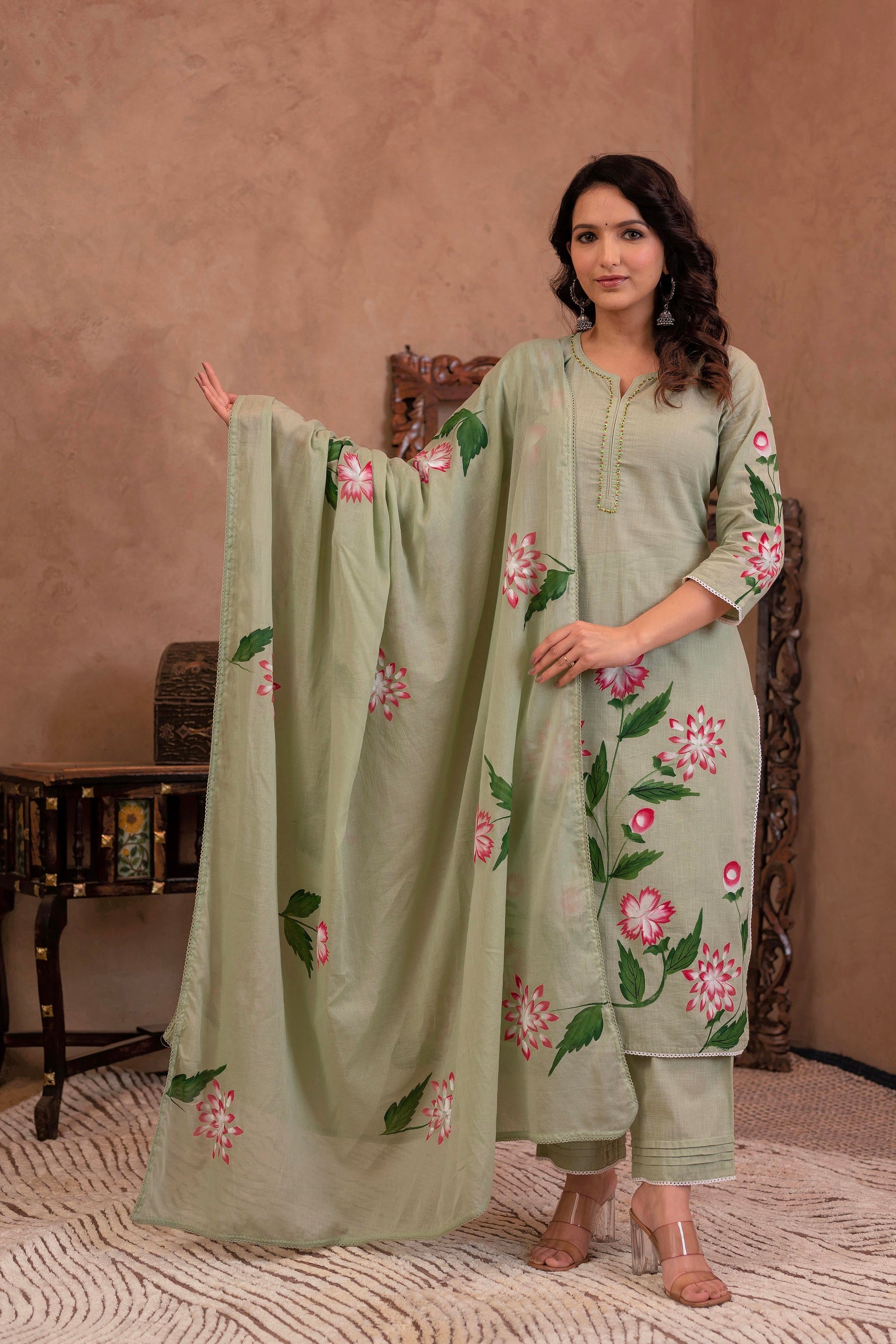 Juniper Mint Cotton Slub Floral Printed Kurta-Pant & Dupatta Set With Lace, Sequins & Bead Work