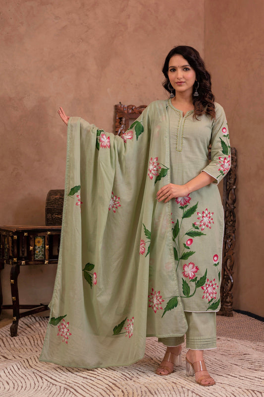 Juniper Mint Cotton Slub Floral Printed Kurta-Pant & Dupatta Set With Lace, Sequins & Bead Work