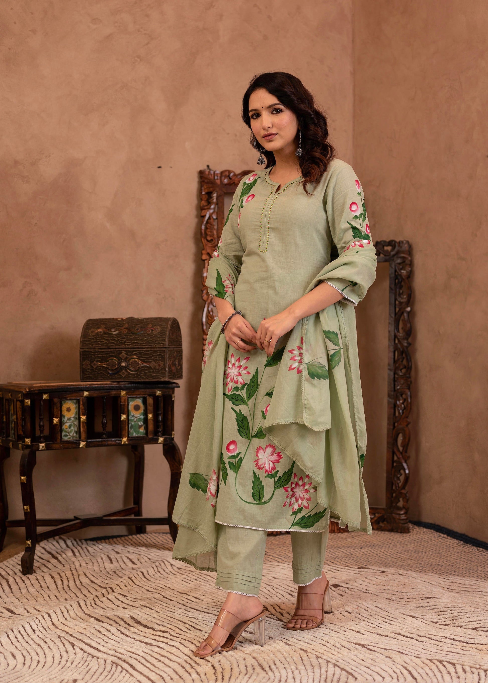 Juniper Mint Cotton Slub Floral Printed Kurta-Pant & Dupatta Set With Lace, Sequins & Bead Work