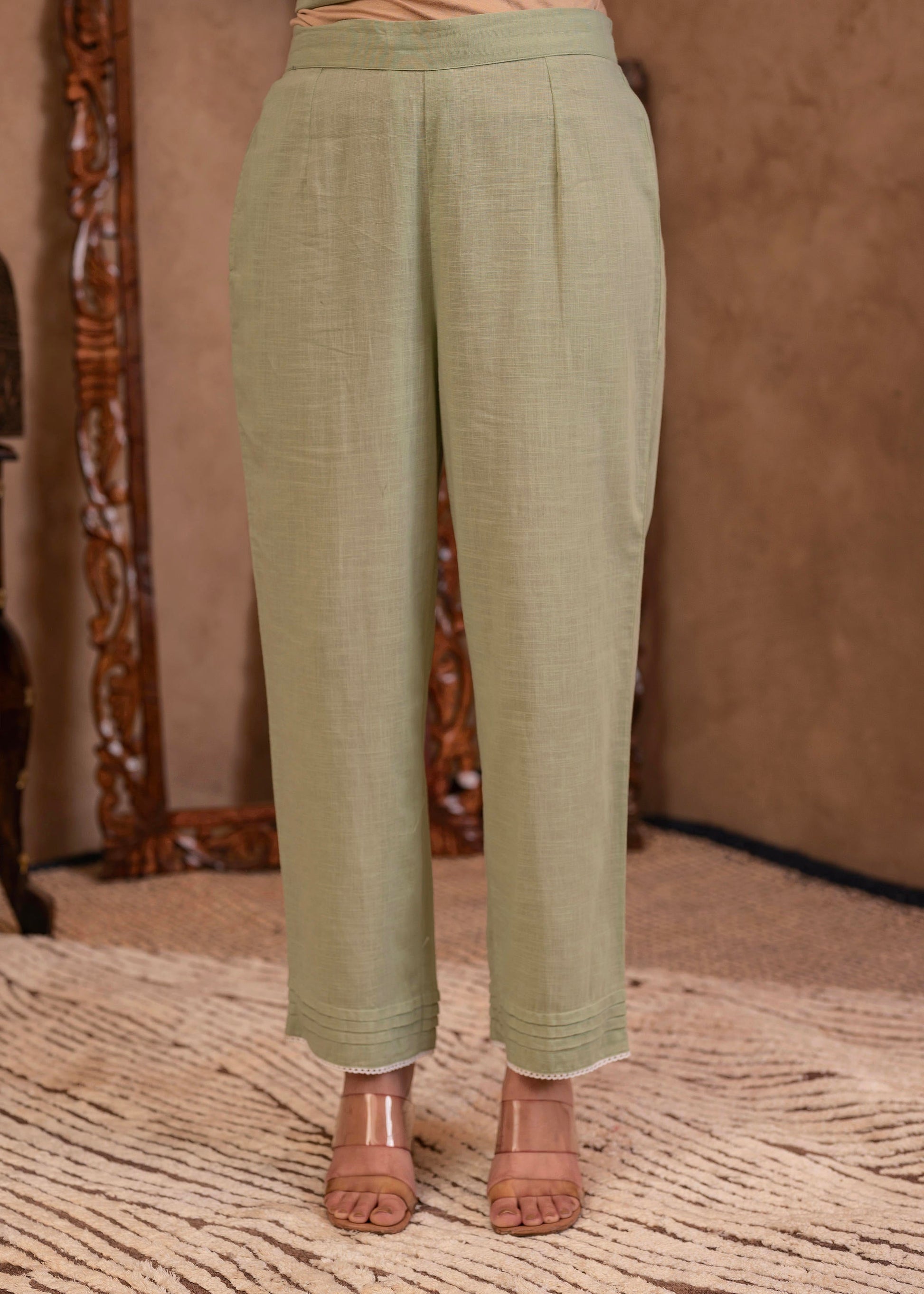 Juniper Mint Cotton Slub Floral Printed Kurta-Pant & Dupatta Set with Lace, Sequins & Bead Work
