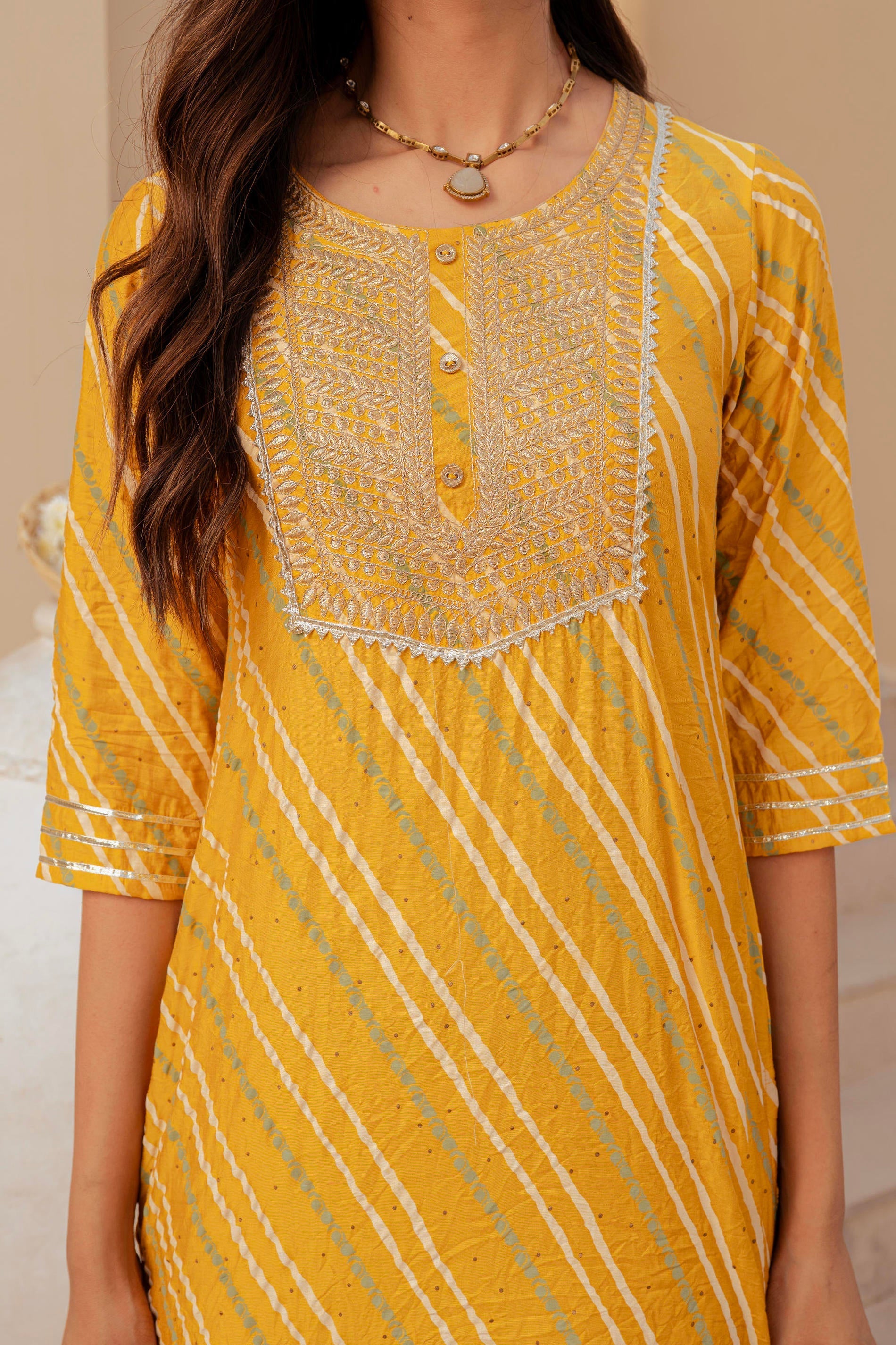 Juniper Yellow Bandhej Print Kurta Set with Embroidered Yoke and Net Dupatta
