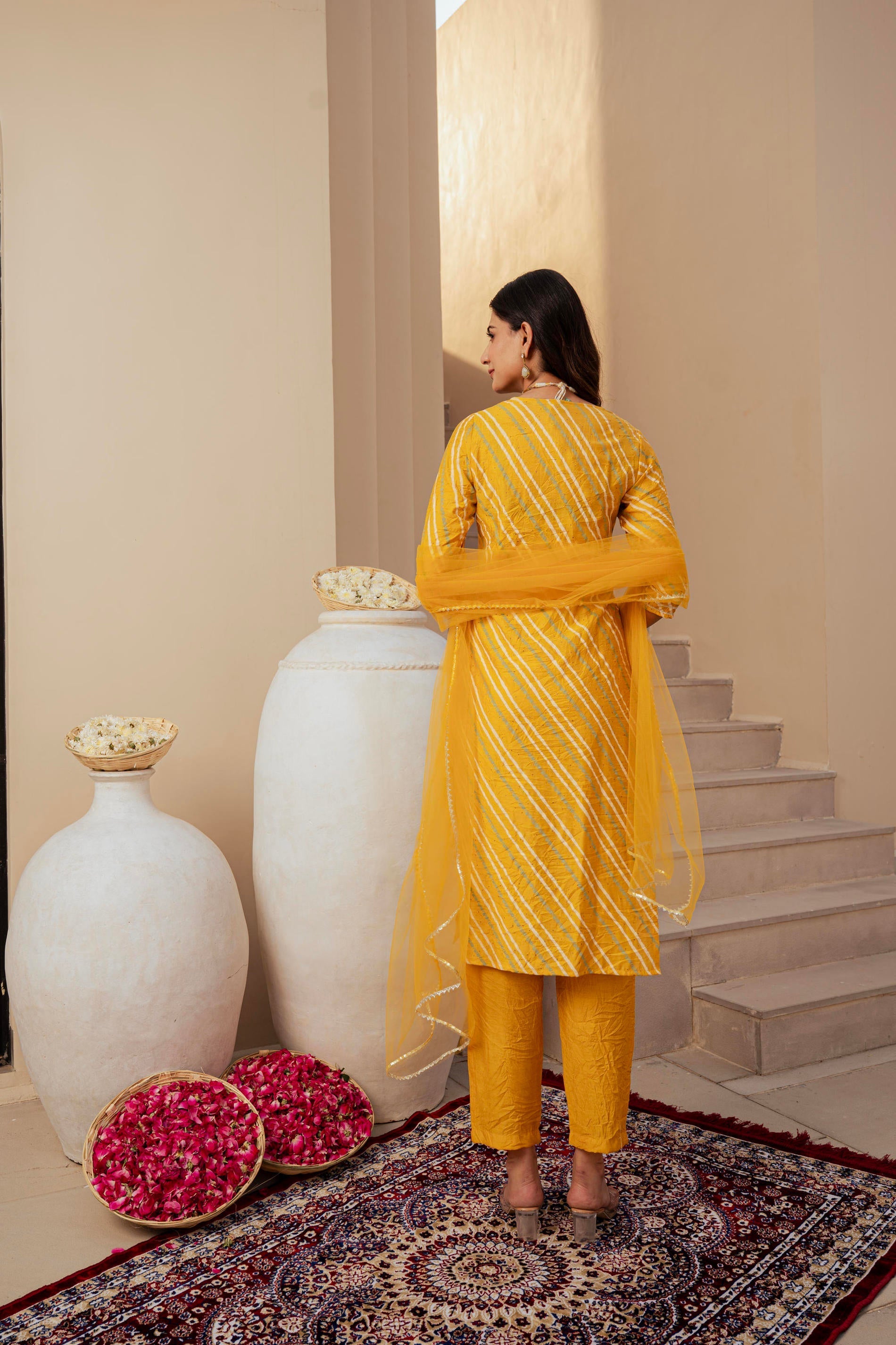 Juniper Yellow Bandhej Print Kurta Set with Embroidered Yoke and Net Dupatta