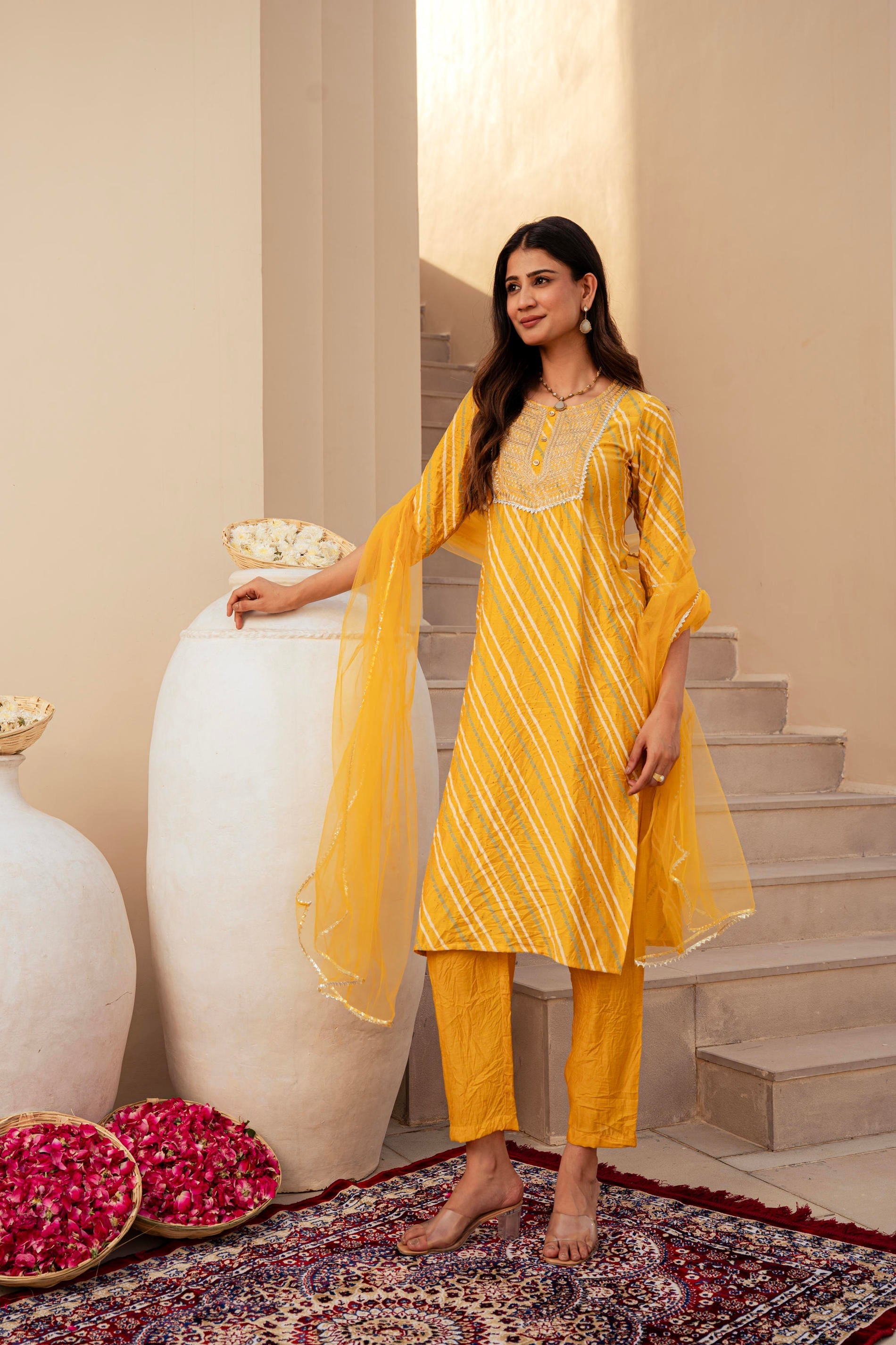 Juniper Yellow Bandhej Print Kurta Set with Embroidered Yoke and Net Dupatta
