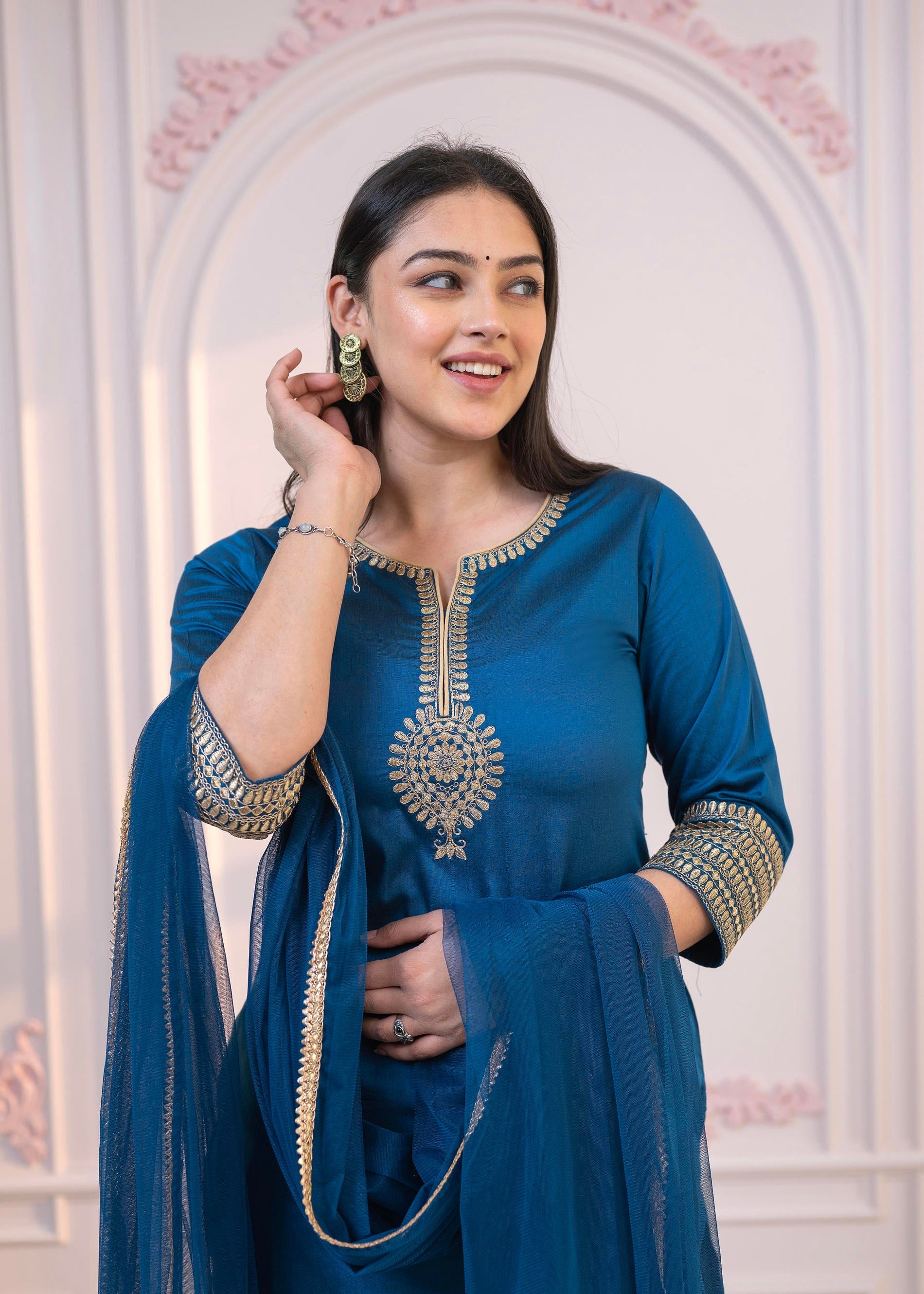 Juniper Royal Blue Embellished Kurta Set with Net Dupatta and Mirror Embroidery