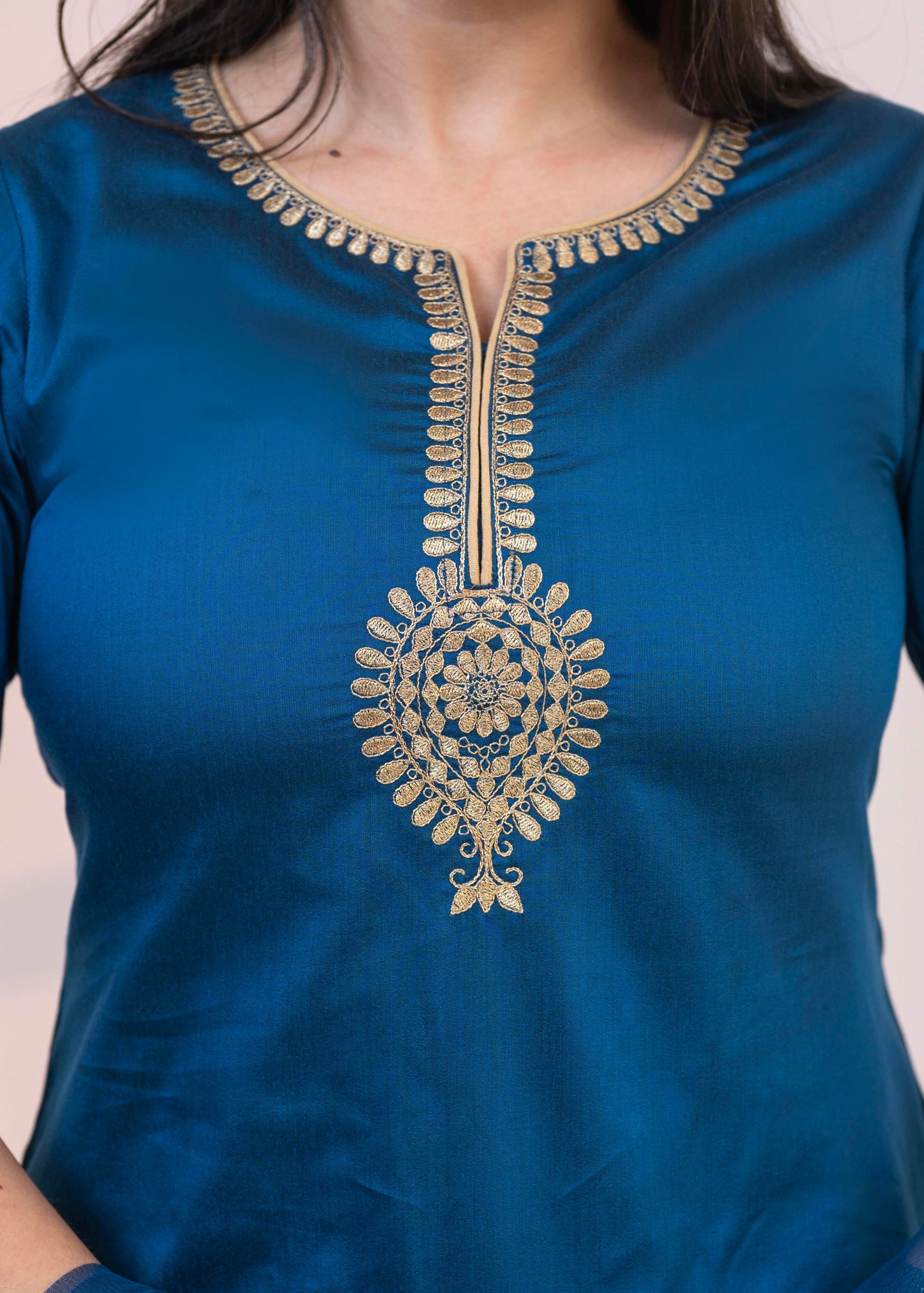 Juniper Royal Blue Embellished Kurta Set with Net Dupatta and Mirror Embroidery