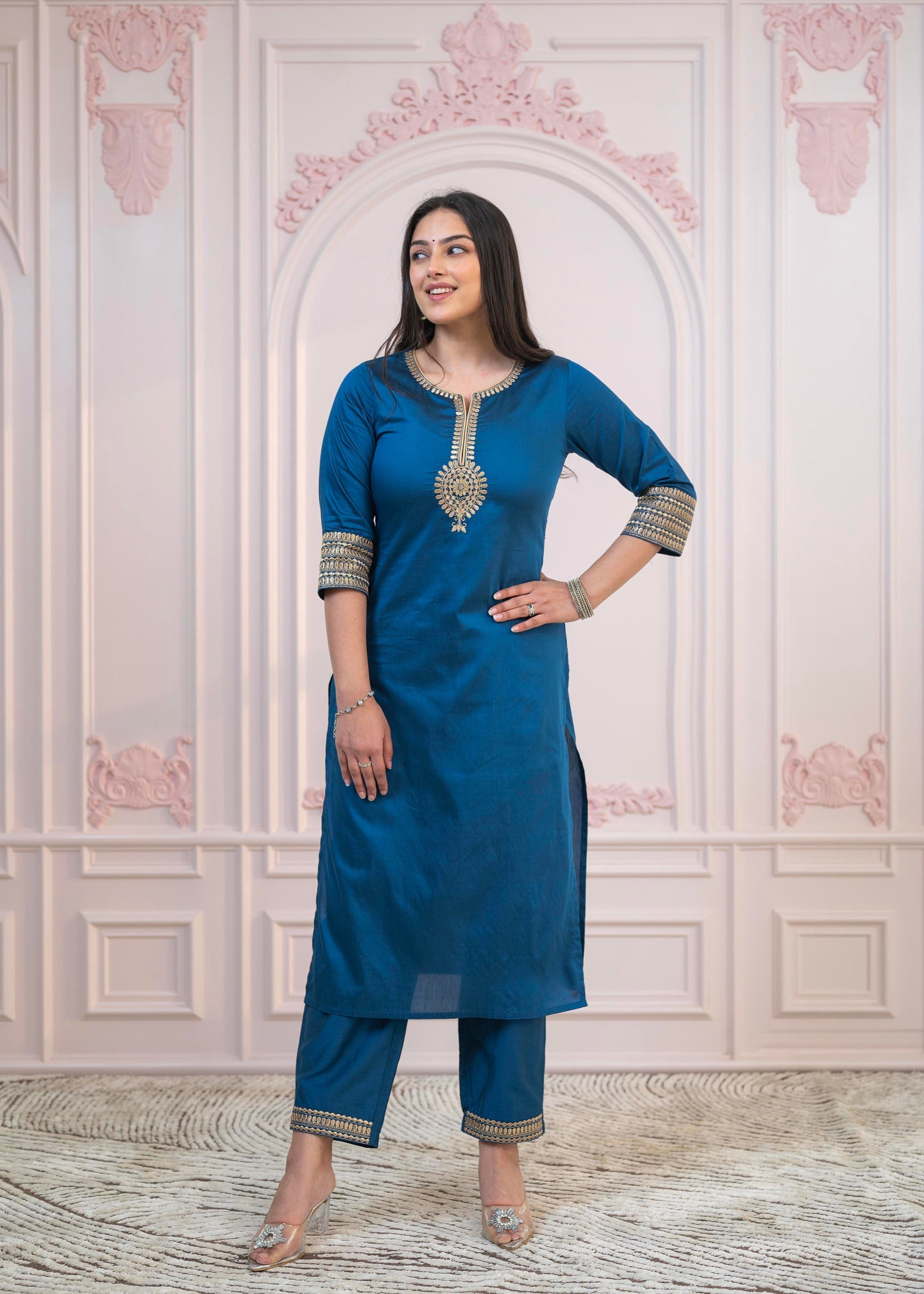 Juniper Royal Blue Embellished Kurta Set with Net Dupatta and Mirror Embroidery