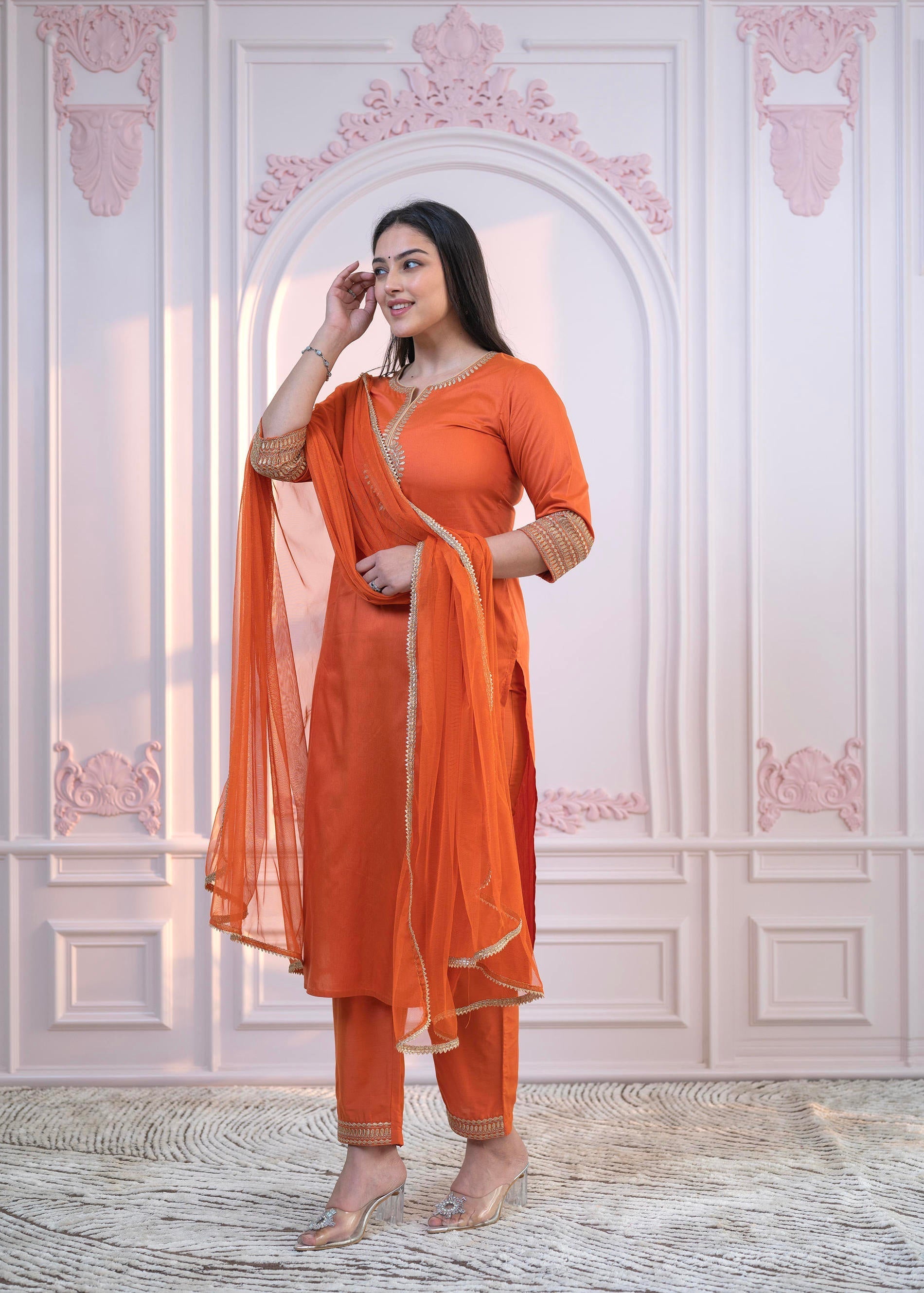 Juniper Orange Embellished Kurta Set with Net Dupatta and Mirror Embroidery
