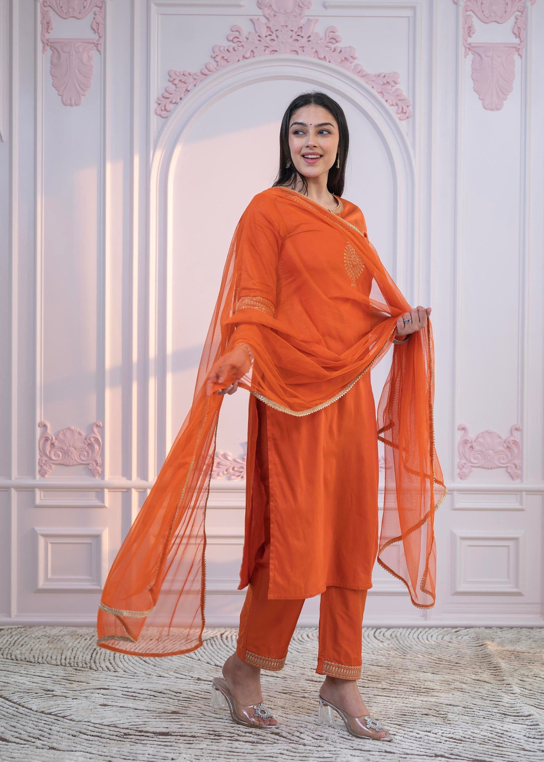 Juniper Orange Embellished Kurta Set with Net Dupatta and Mirror Embroidery