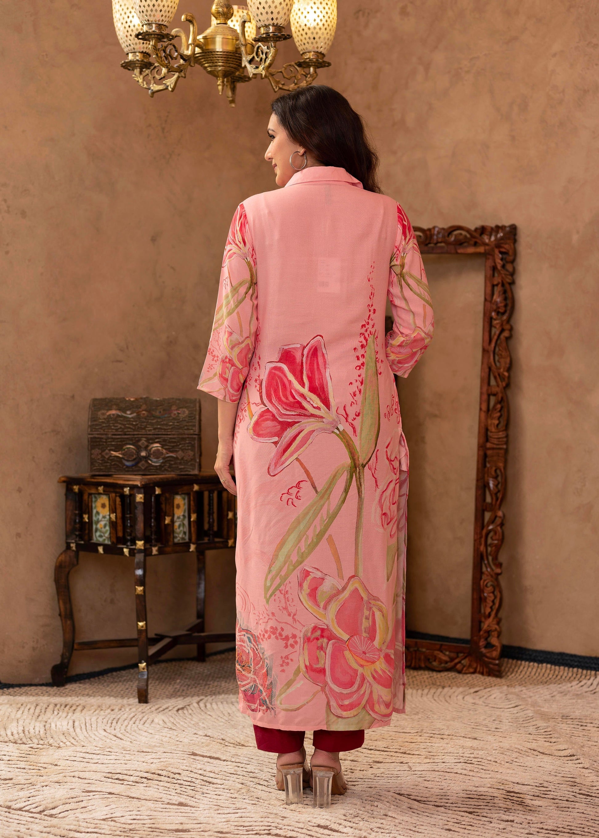 Juniper Pink Floral Printed Viscose Kurta with Button Detailing