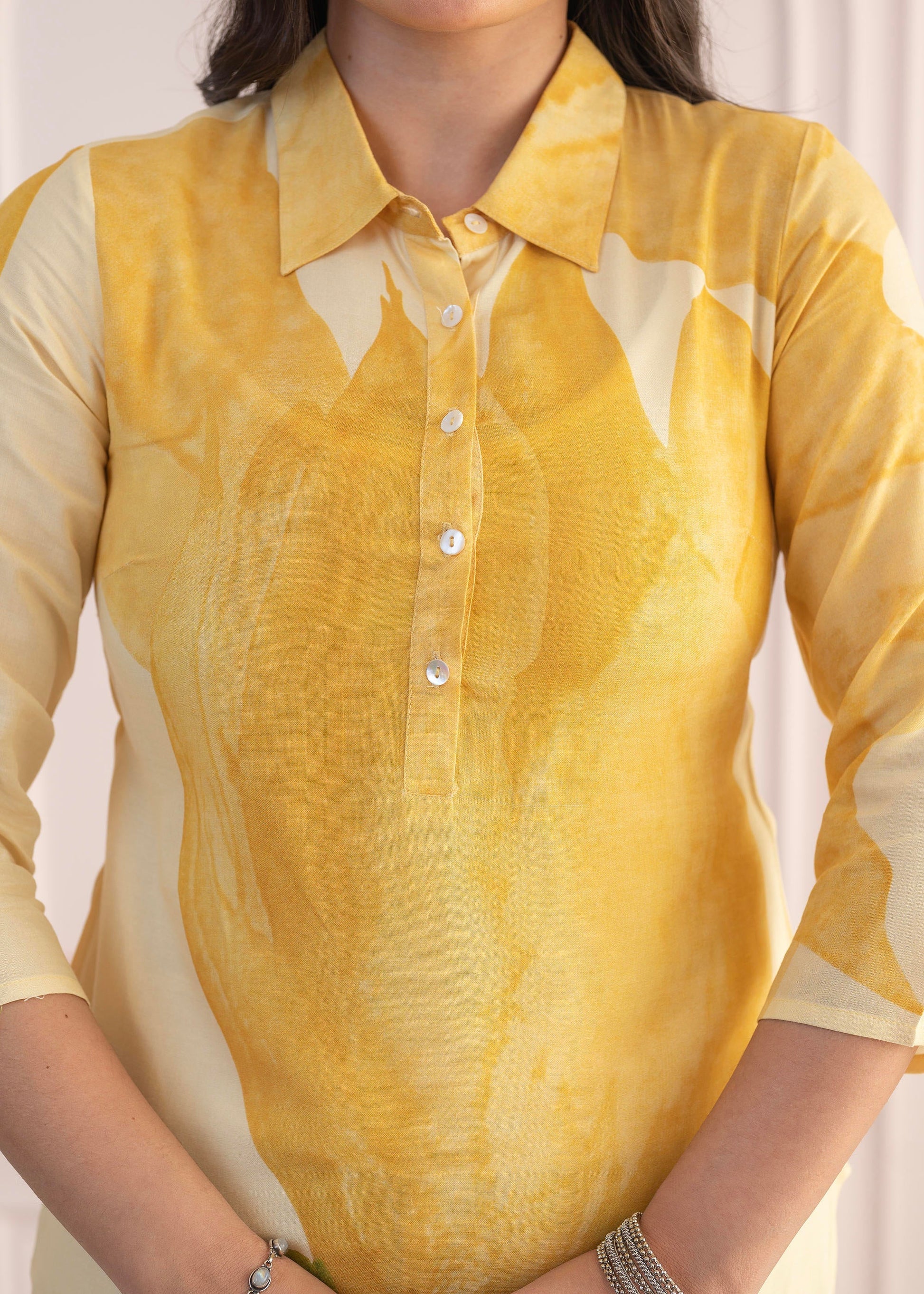 Juniper Yellow Floral Printed Viscose Kurta with Button Details