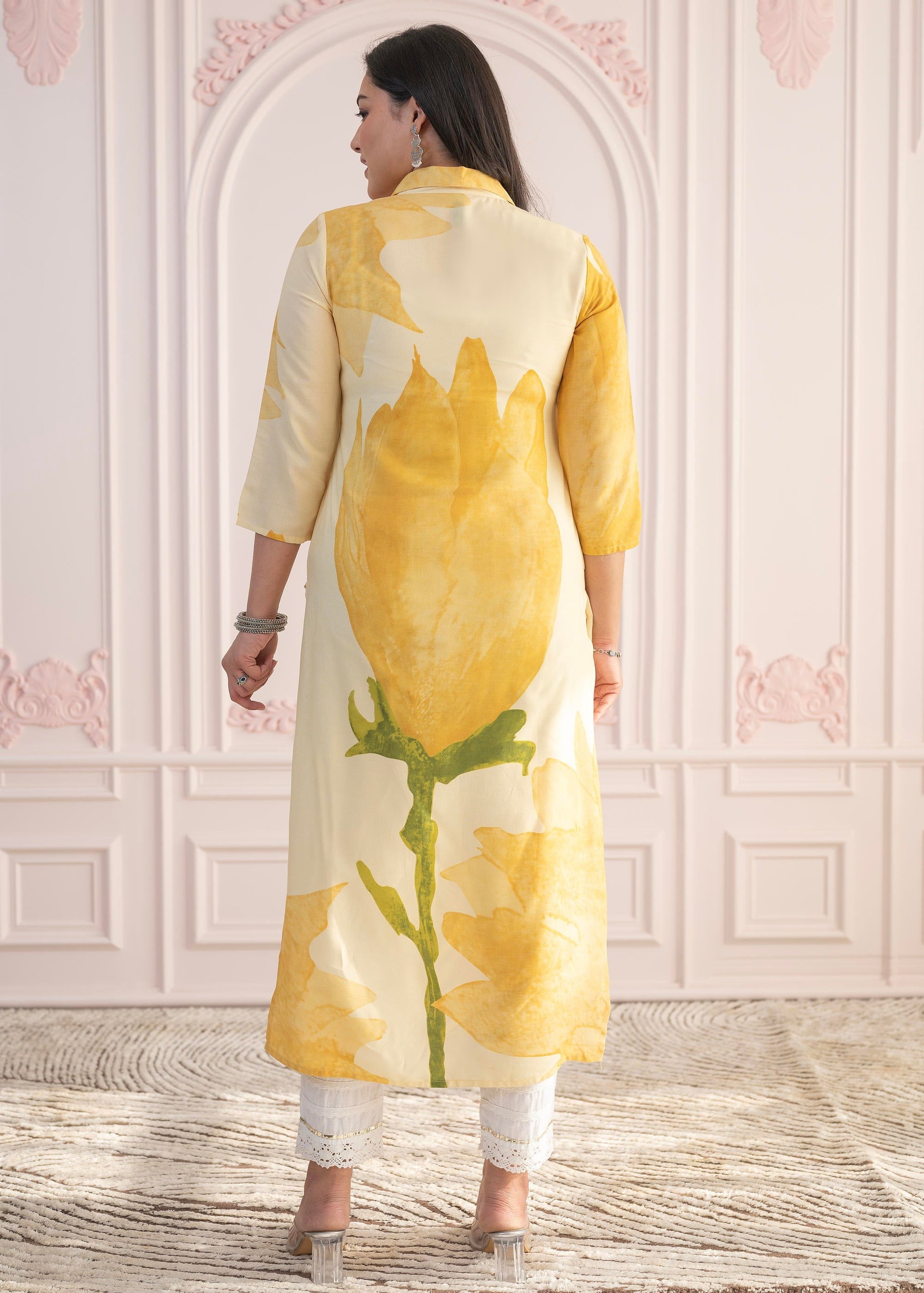 Juniper Yellow Floral Printed Viscose Kurta with Button Details