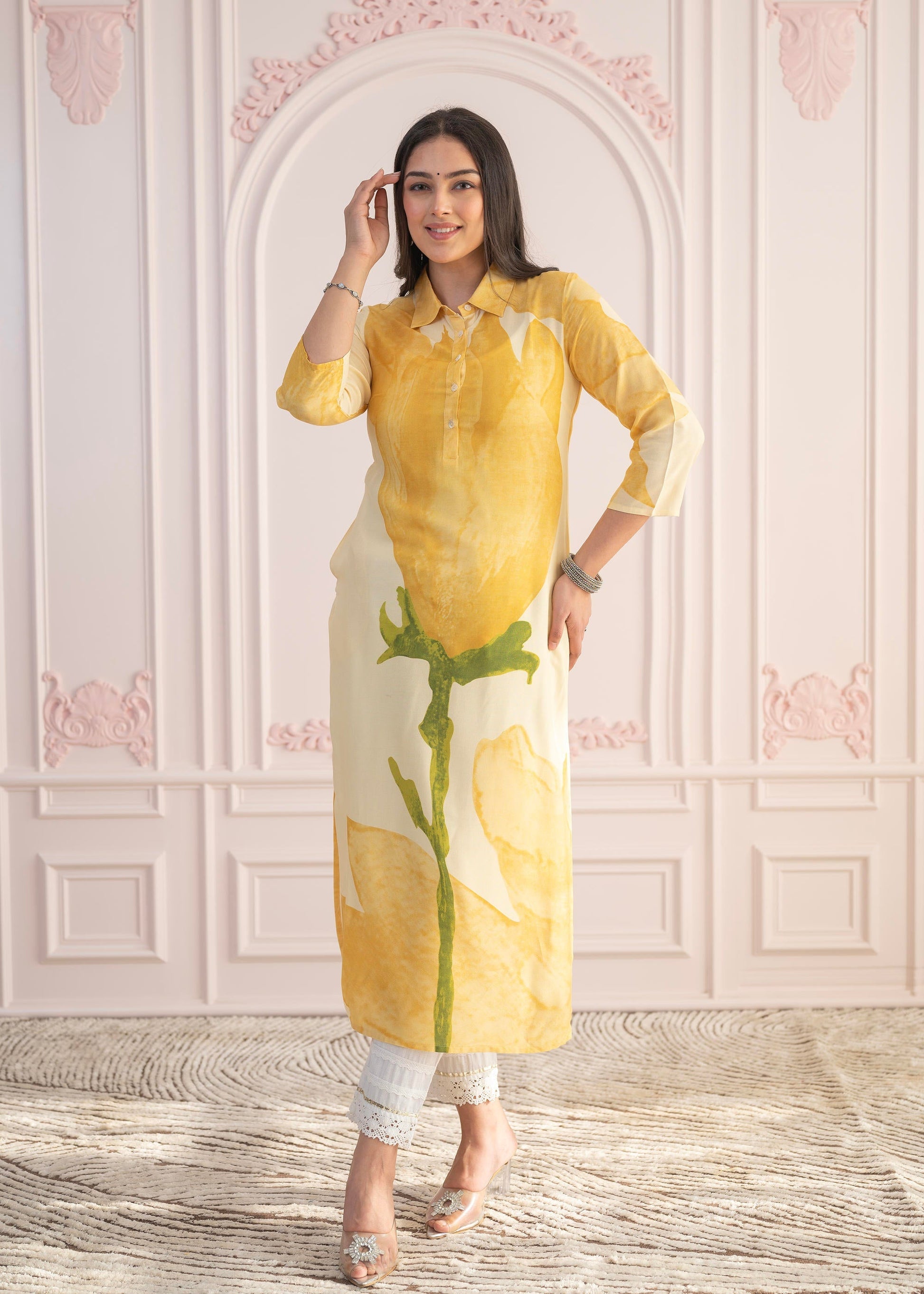 Juniper Yellow Floral Printed Viscose Kurta with Button Details