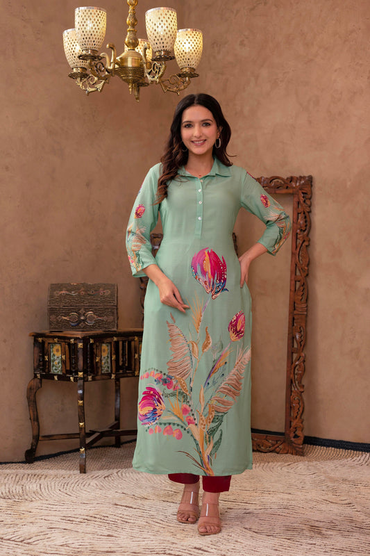 Juniper Mint Floral Printed Viscose Kurta with Shell Buttons