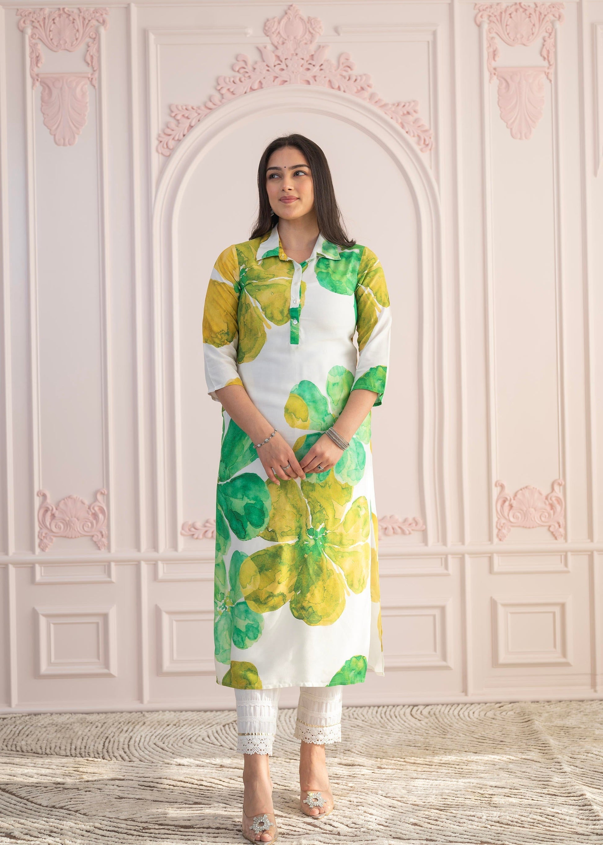 Juniper Green Floral Printed Viscose Kurta with Button Closure | Grab2Buy