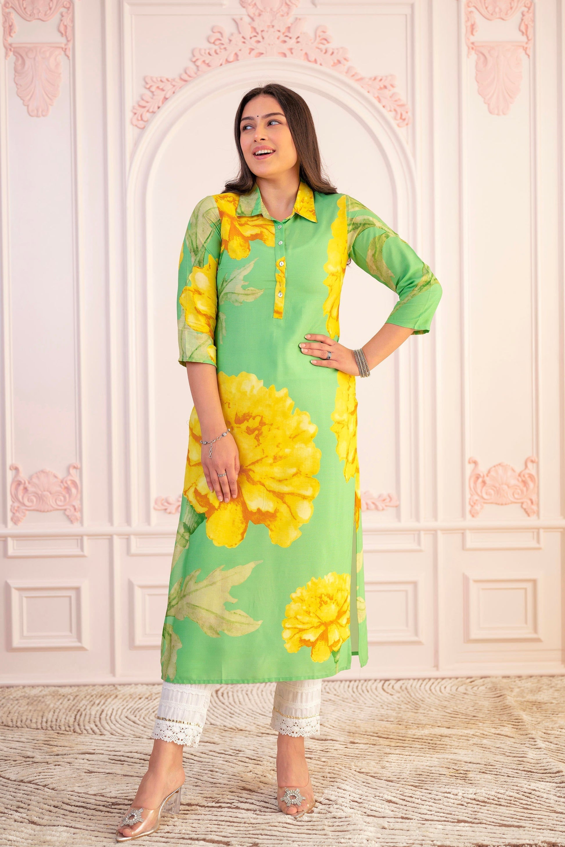 Juniper Green & Yellow Printed Viscose Kurta With Button Details | Grab2Buy