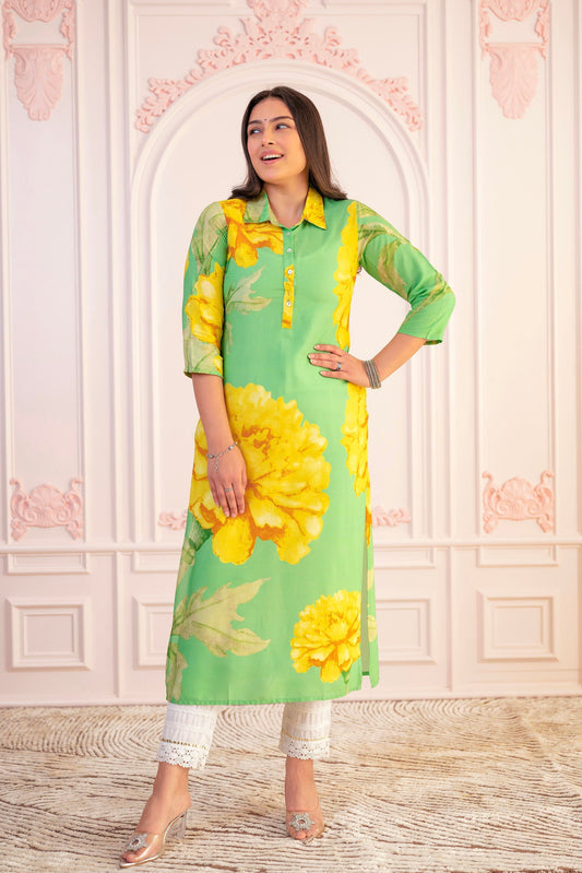 Juniper Green & Yellow Printed Viscose Kurta with Button Details | Grab2Buy