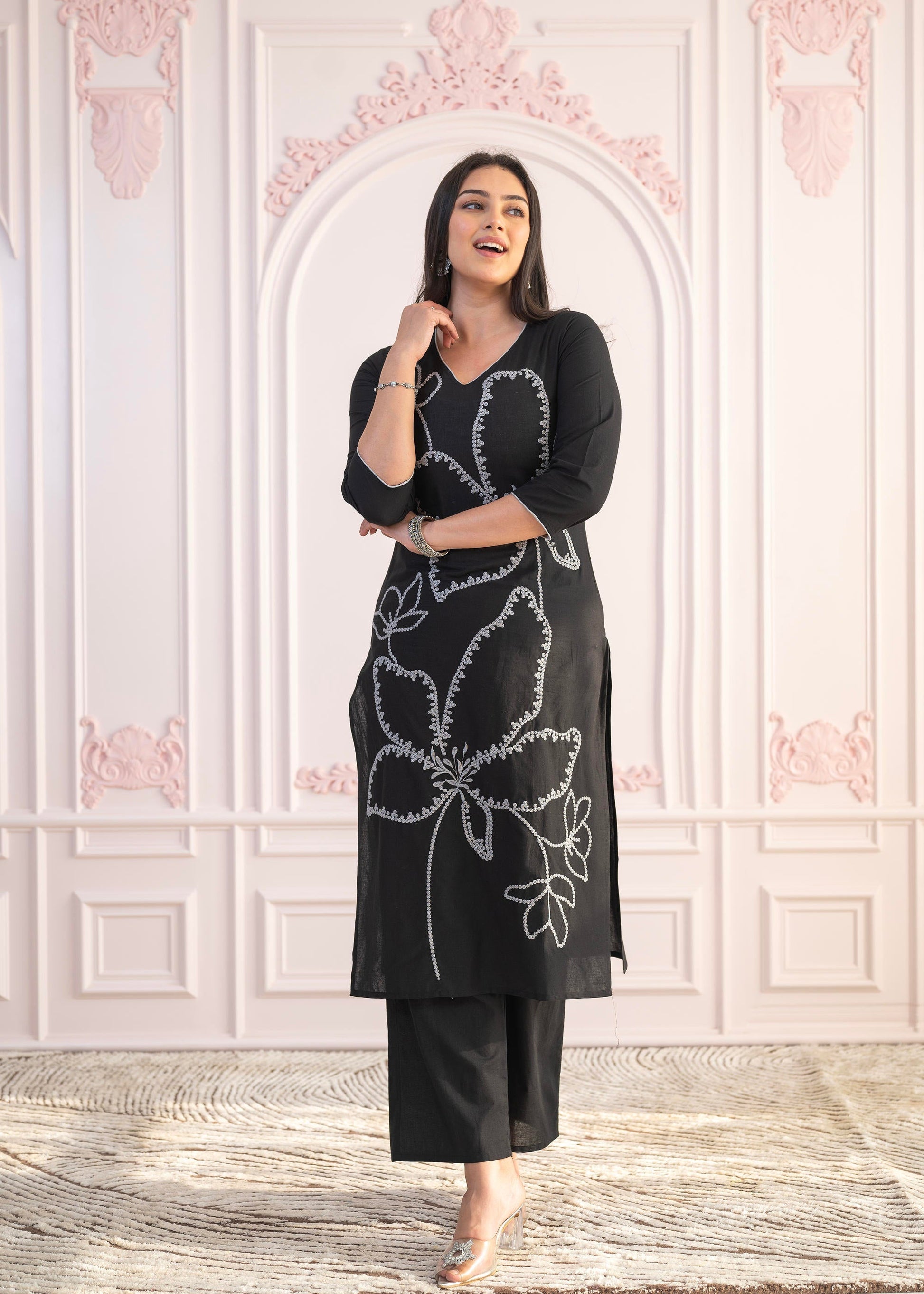 Juniper Black Floral Embroidered Cotton Slub Kurta with Palazzo