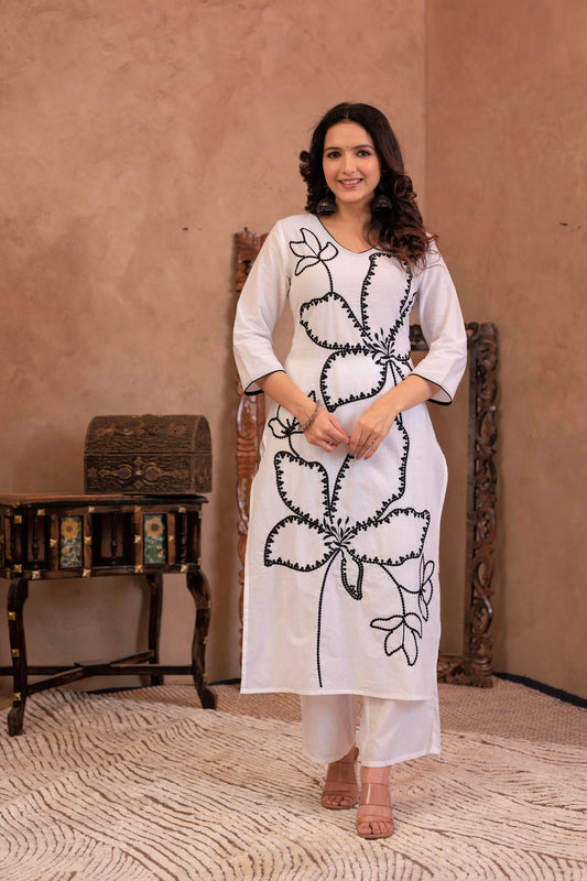 Juniper White Floral Embroidered Cotton Kurta With Palazzo
