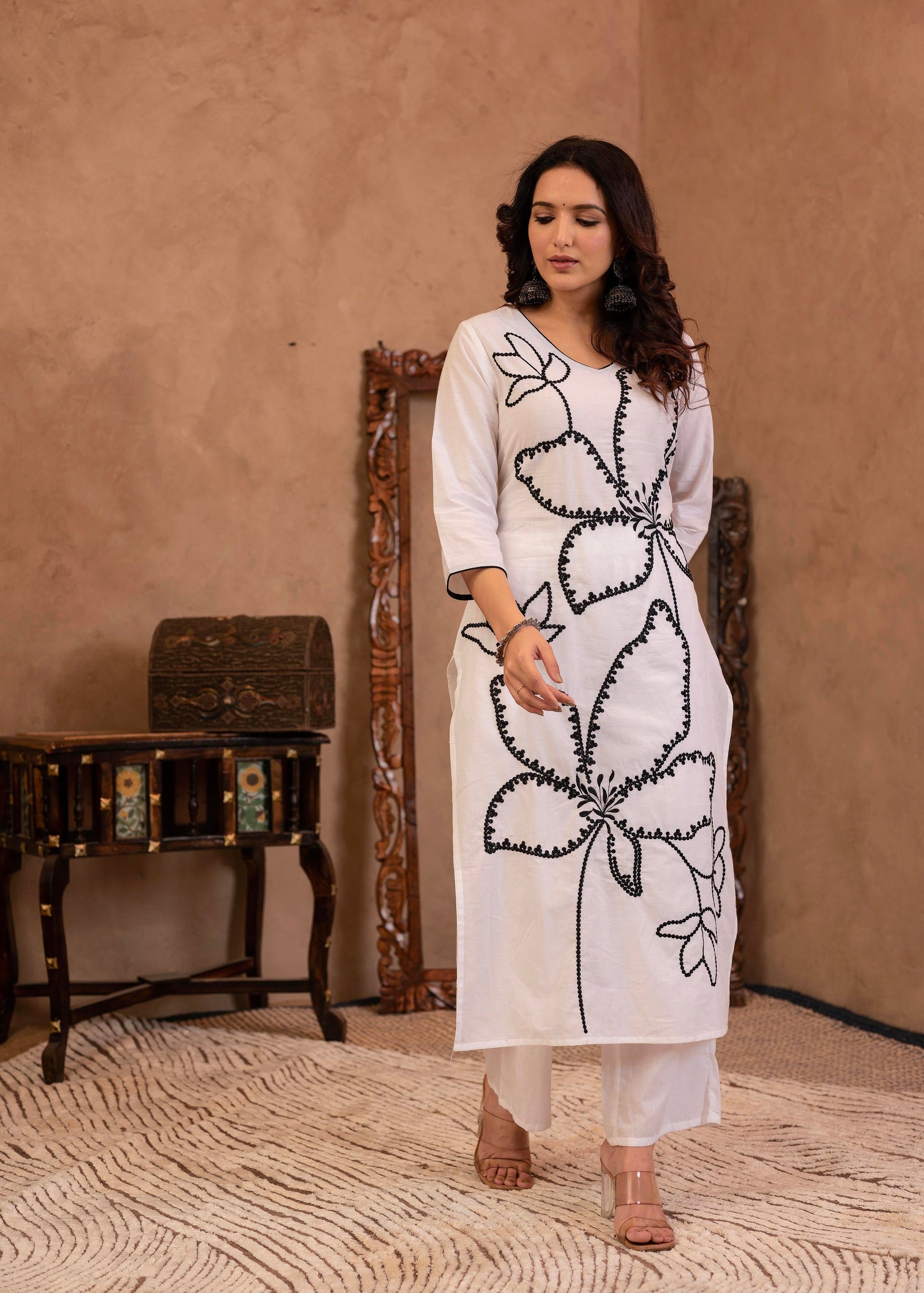 Juniper White Floral Embroidered Cotton Kurta with Palazzo