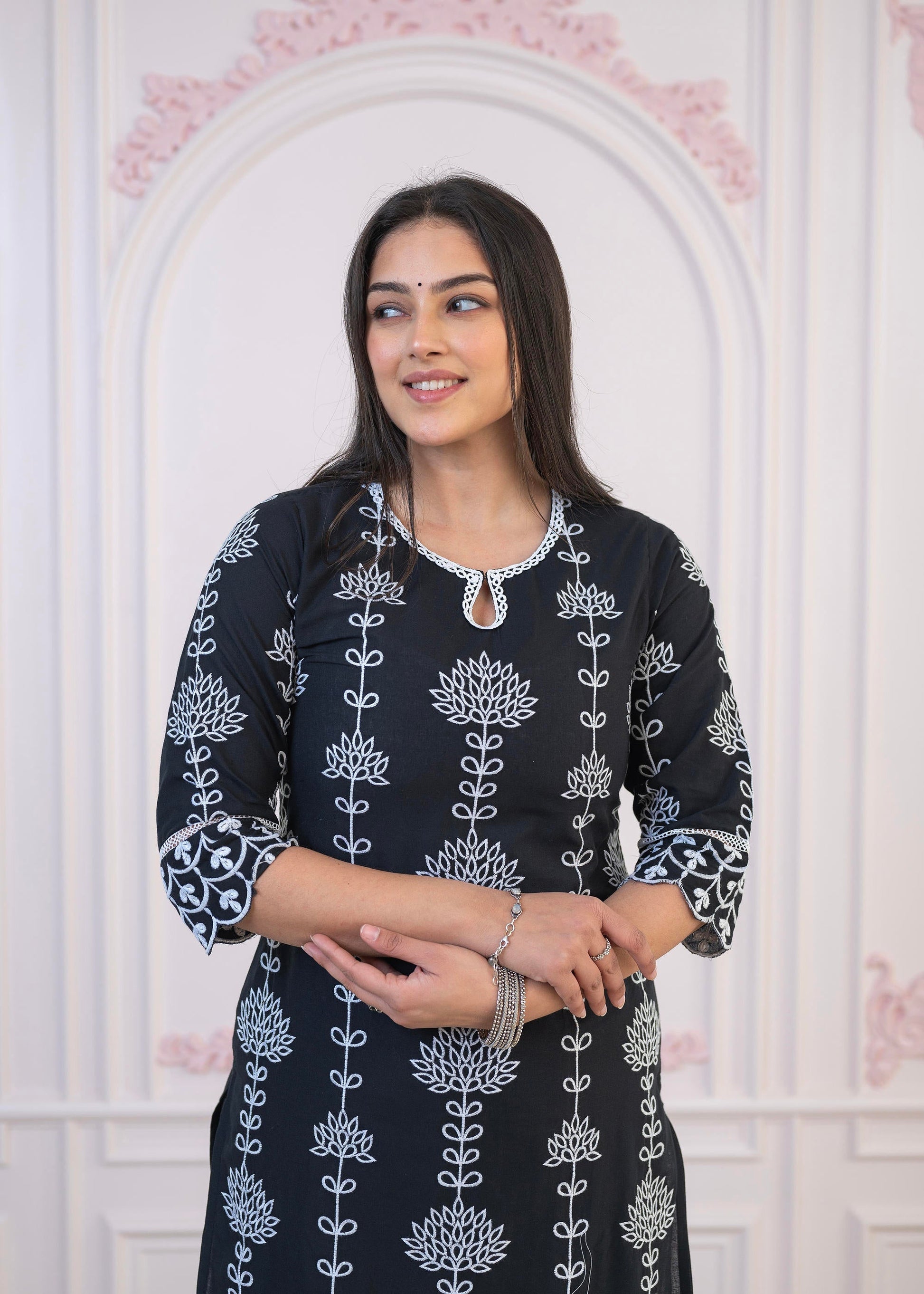 Juniper Black Cotton Slub Embroidered Kurta-Pant Set With Thread Work & Cotton Lace