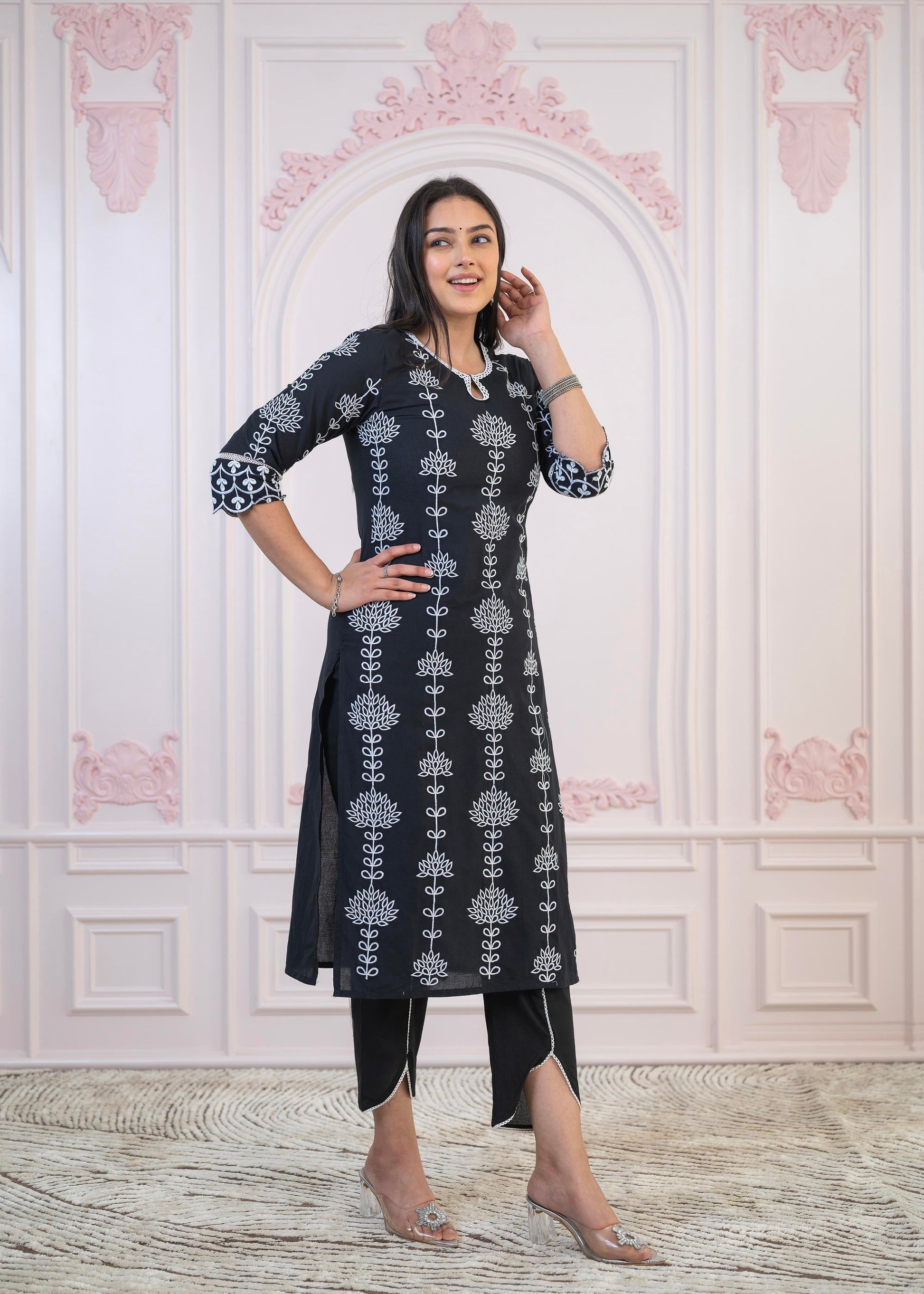 Juniper Black Cotton Slub Embroidered Kurta-Pant Set with Thread Work & Cotton Lace