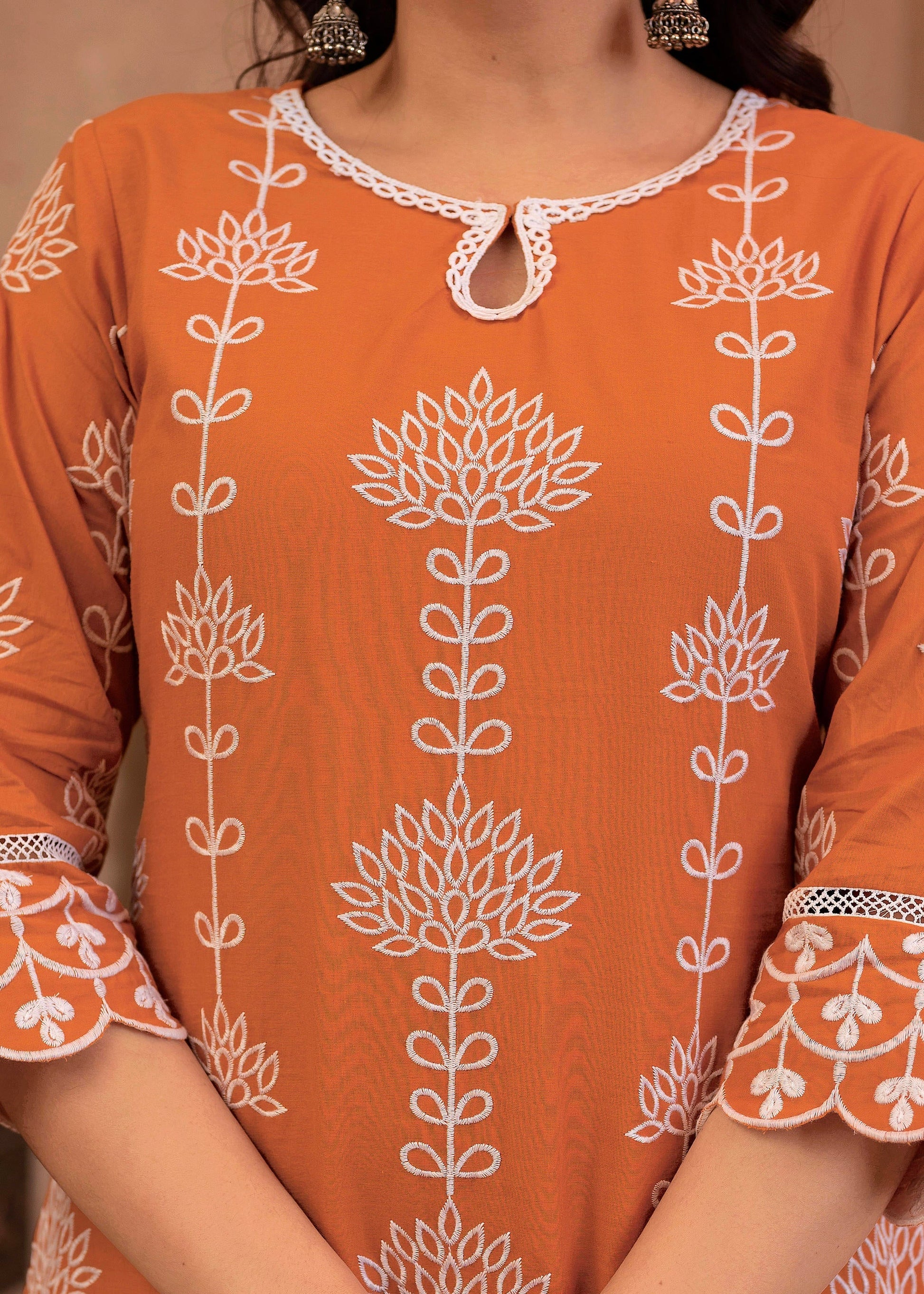 Juniper Rust Embroidered Cotton Kurta with Palazzo & Lace Details
