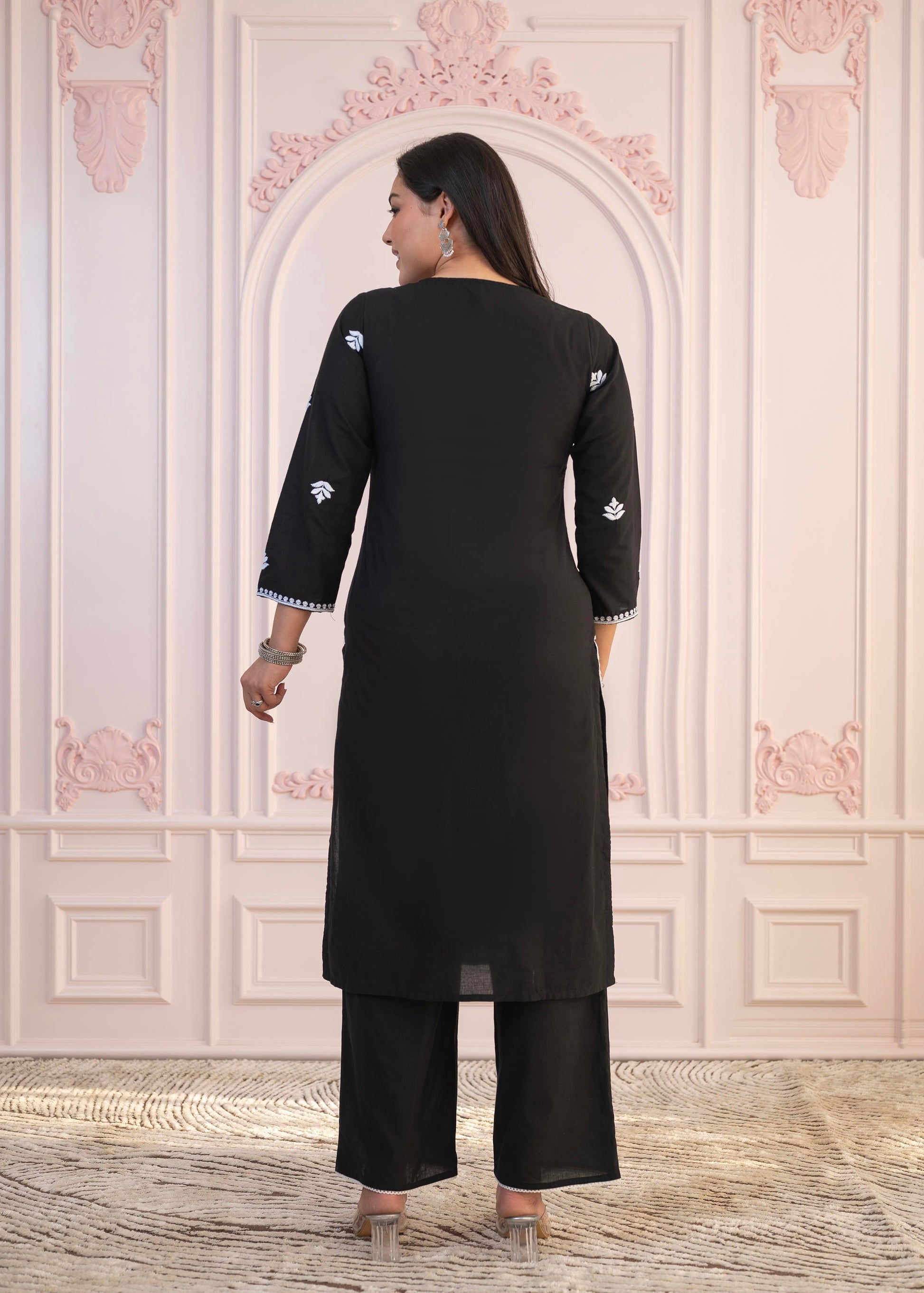 Juniper Black Floral Embroidered Cotton Slub Kurta With Palazzo